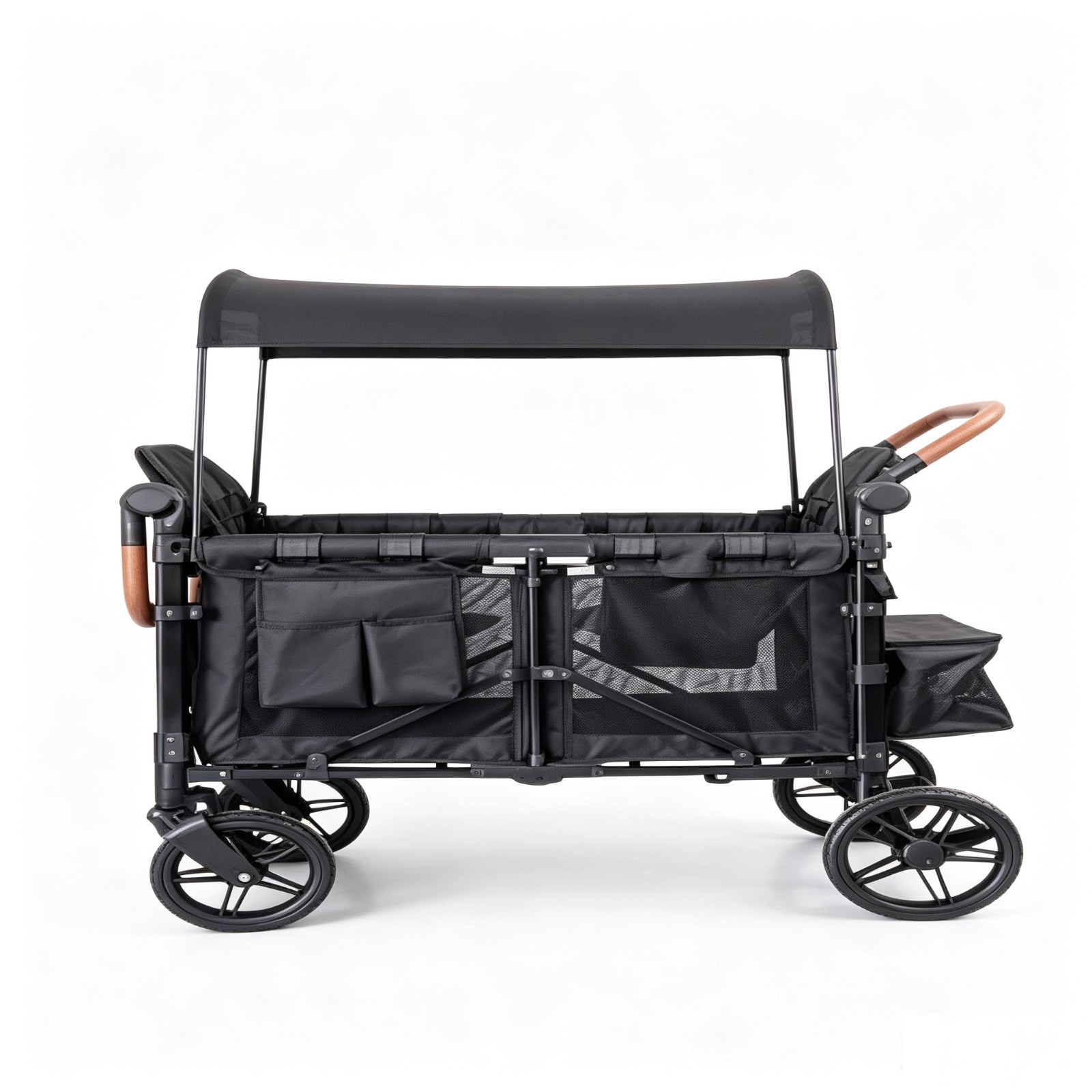 Wagon Stroller w/ Canopy, 4 seater Push Pull Quad Collapsible Stroller Black