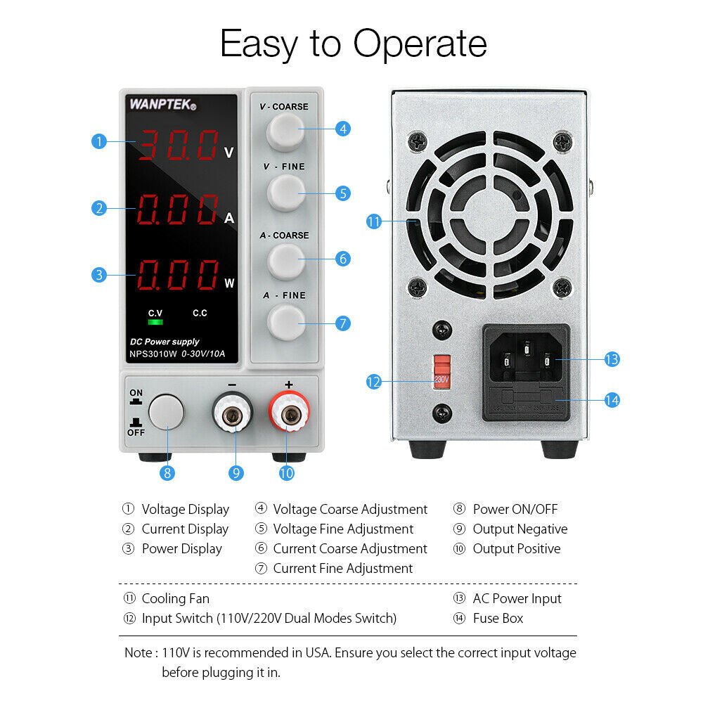 300W 0-10A Lab DC Power Supply Digital Variable Regulated Benchtop Power Source