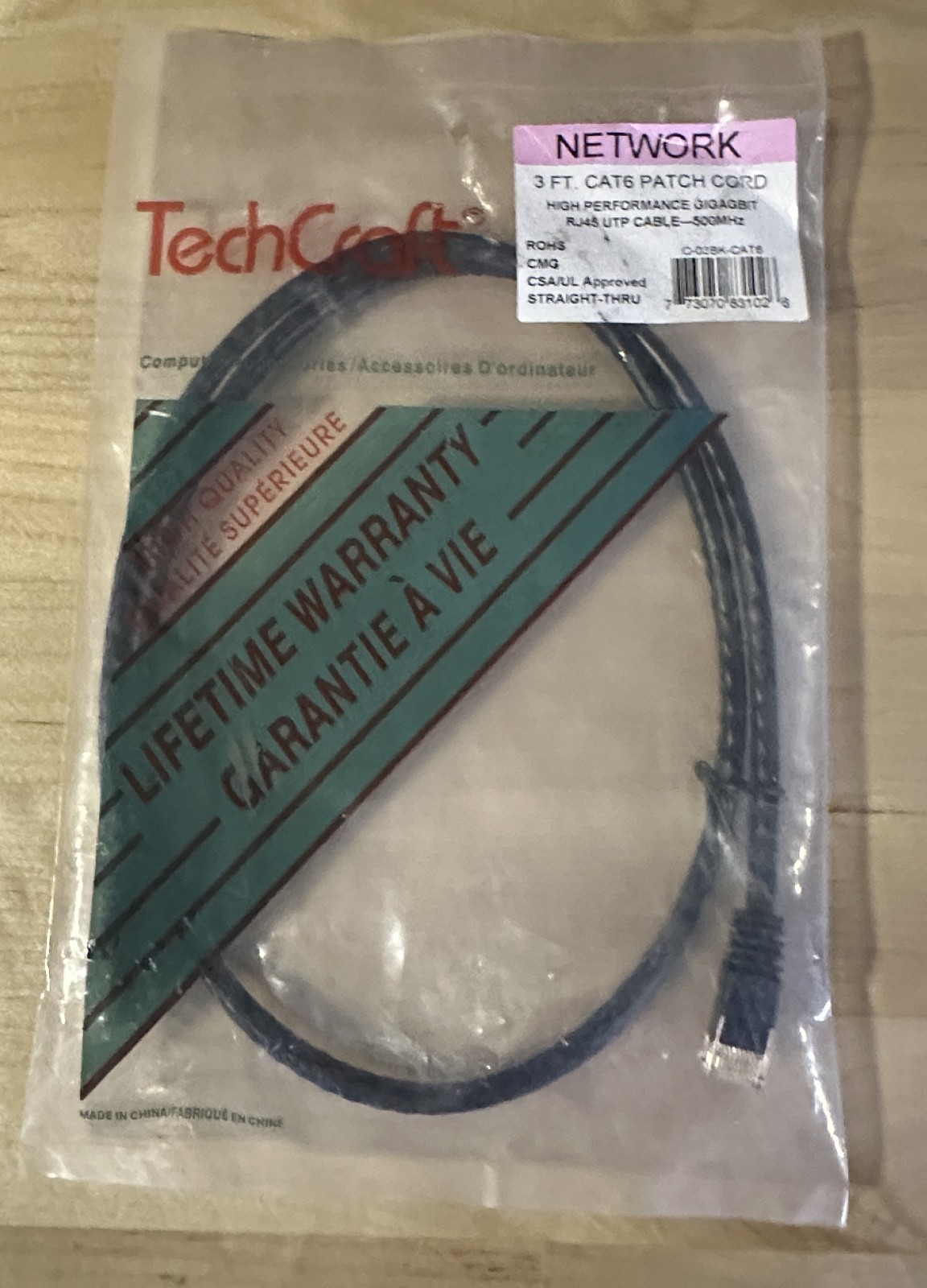 TechCraft Cat6 Ethernet Patch Cable 3ft RJ45 UTP Network Cable/Cord – New Sealed