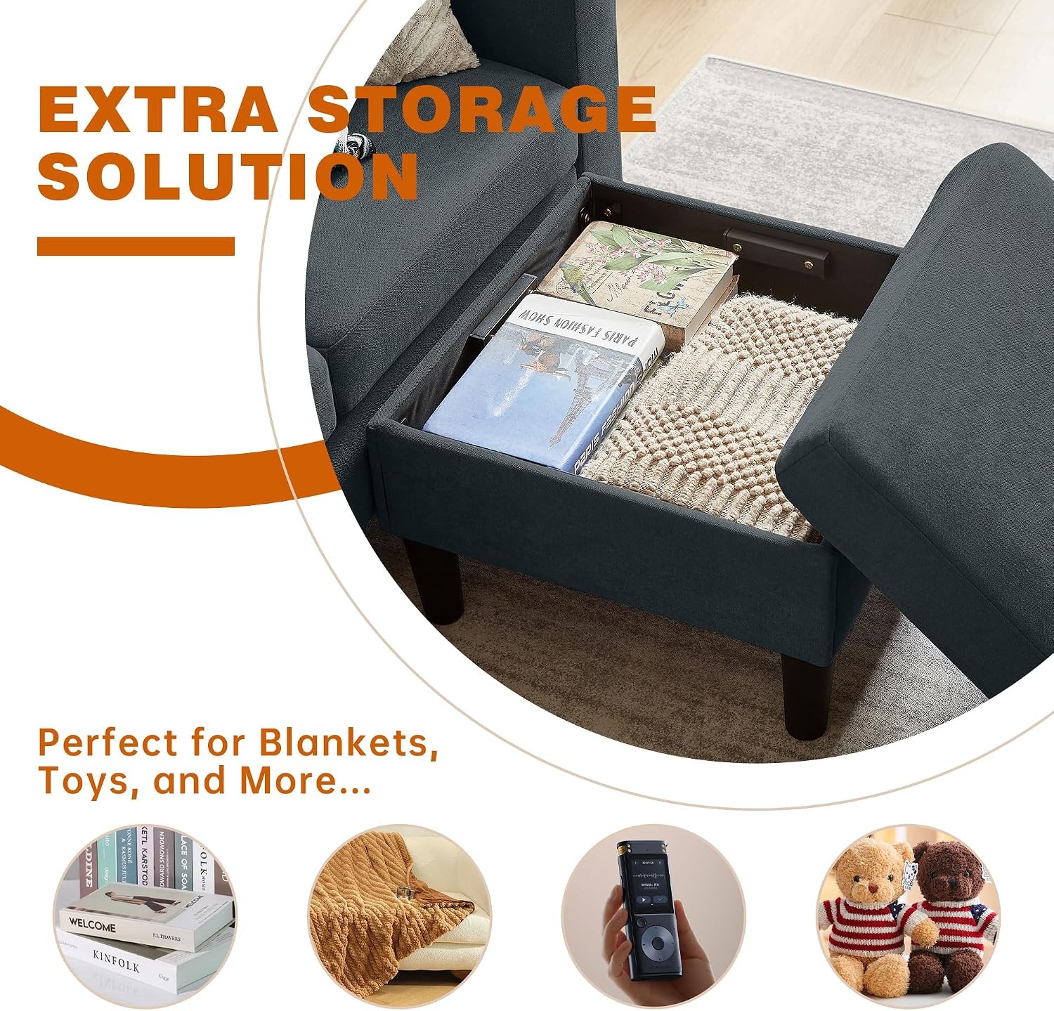 80" Convertible Sectional Sofa Couch with Movable Ottoman, 3 Seats Sectional