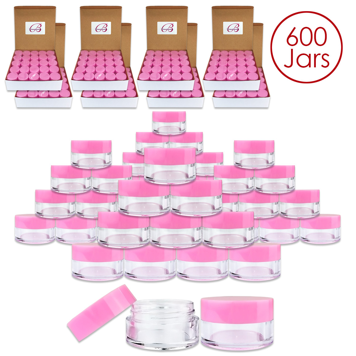 Beauticom® 5G/5ML (600 PCS) HQ Round Clear Plastic Refillable Jars w/ Pink Lids