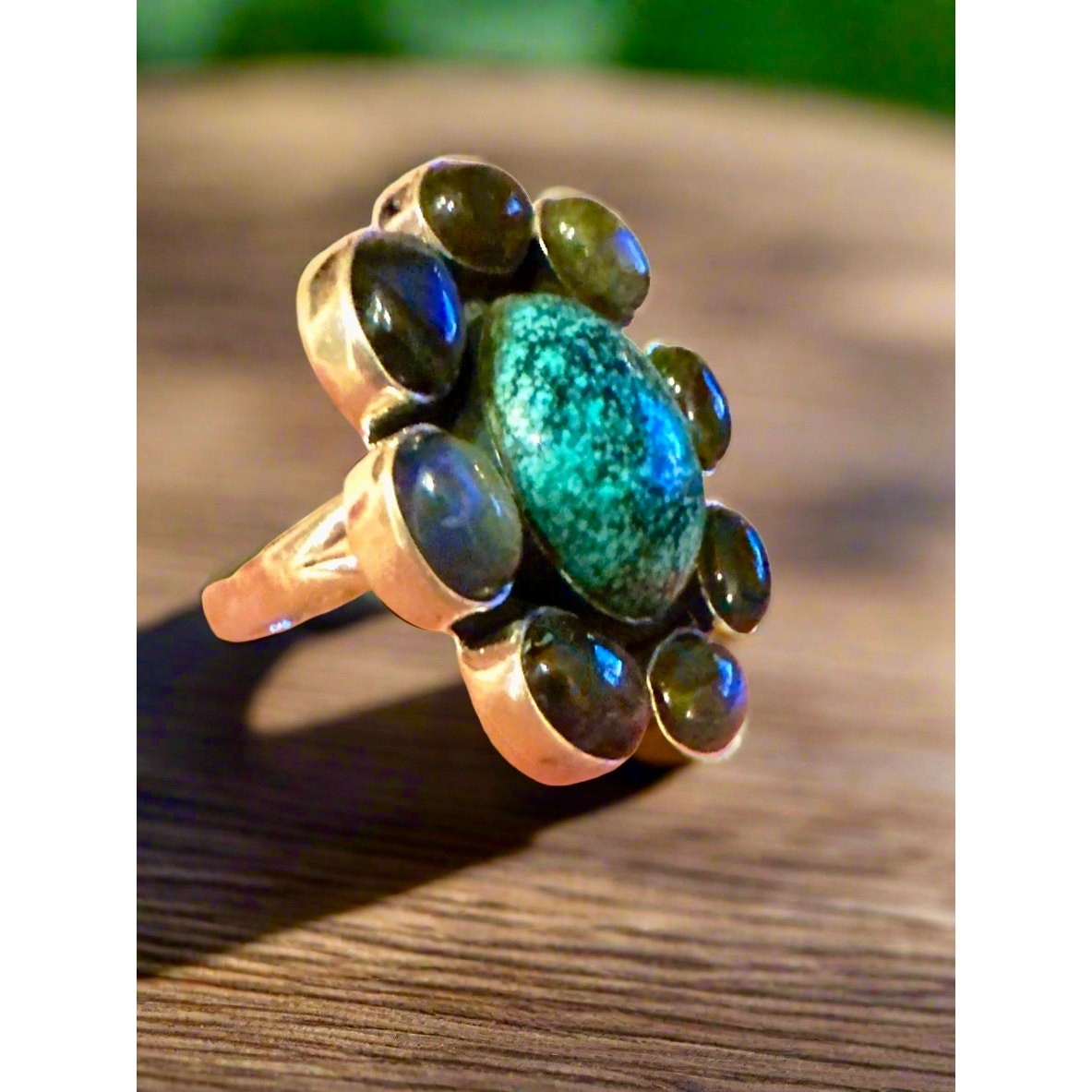 Spiderweb Turquoise & Labradorite Oval Cluster Ring Size 10