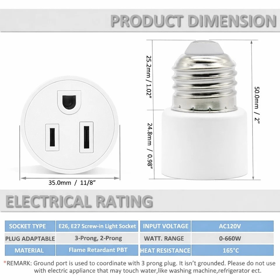 E26/E27 Light Socket to Plug Adapter 2/3 Prong Light Bulb Outlet Adapter 1 Pcs