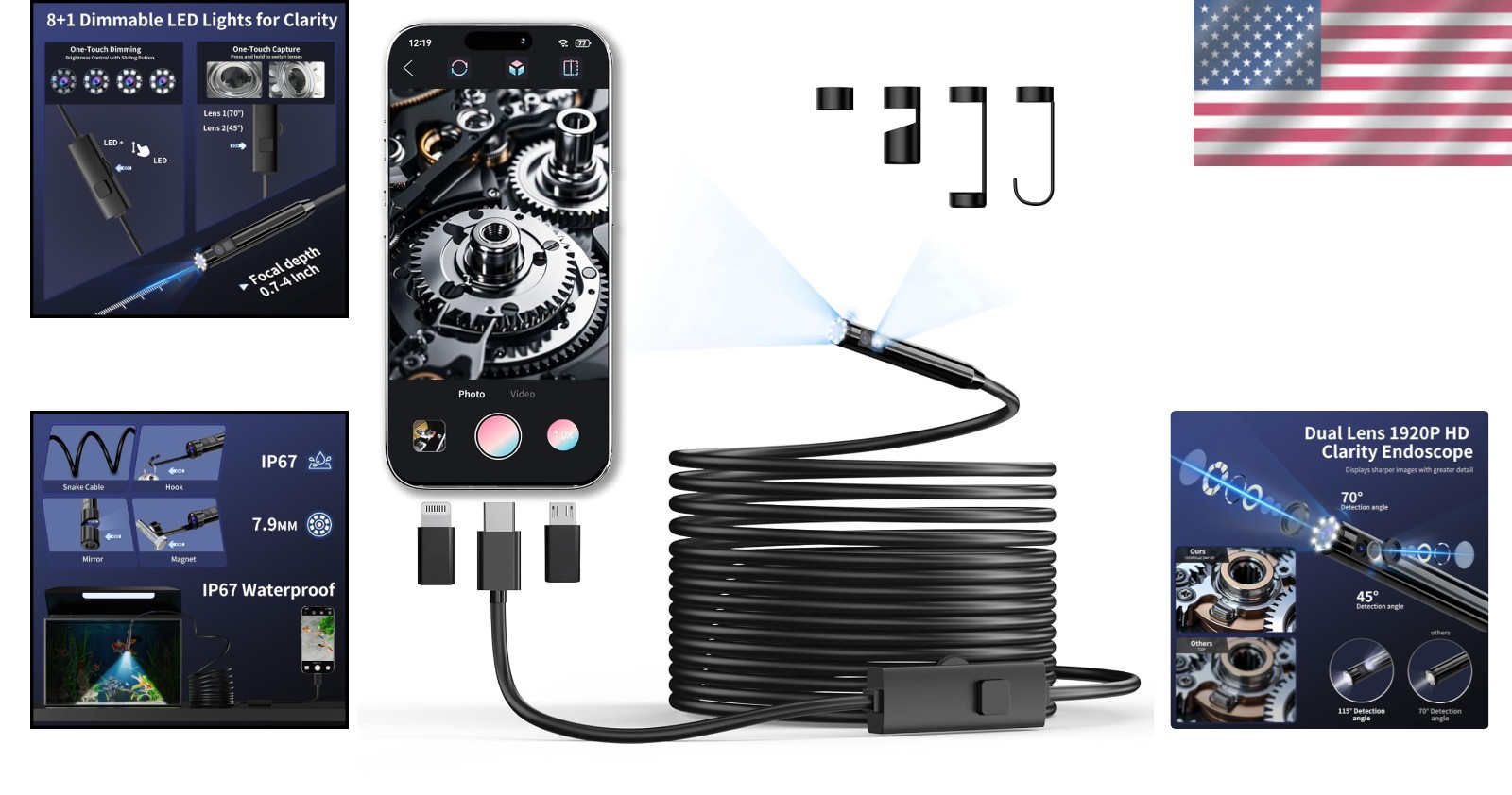 Semi-Rigid Snake Camera for Android iPhone, Dual Lens