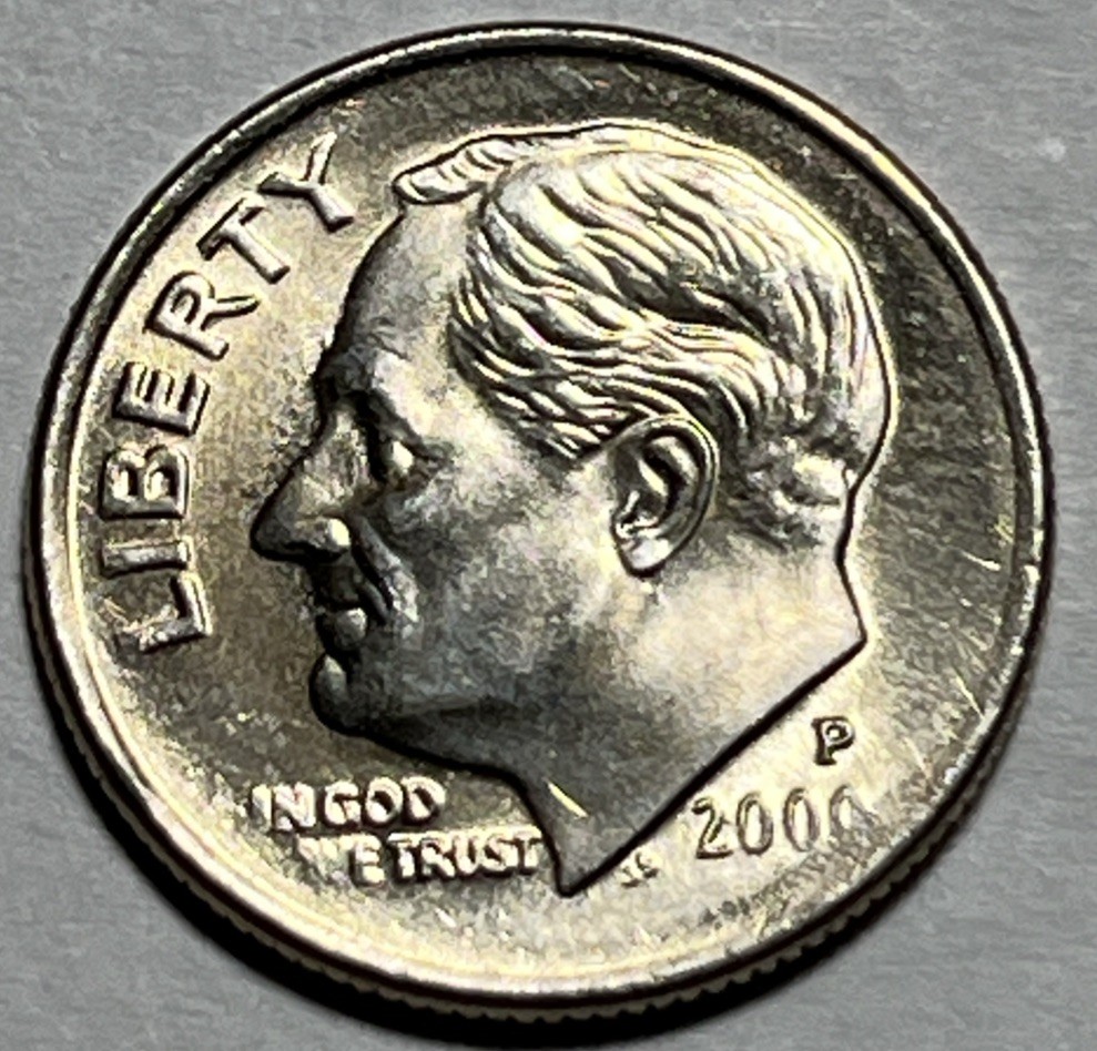 2000 P Roosevelt Dime Errors Weak Strike Faint Date & Lettering Uncirculated #2
