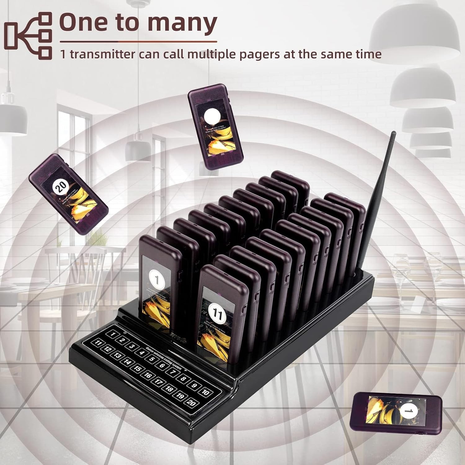 20-Unit Restaurant Buzzer System, 1640ft Wireless Range for Food Trucks & More