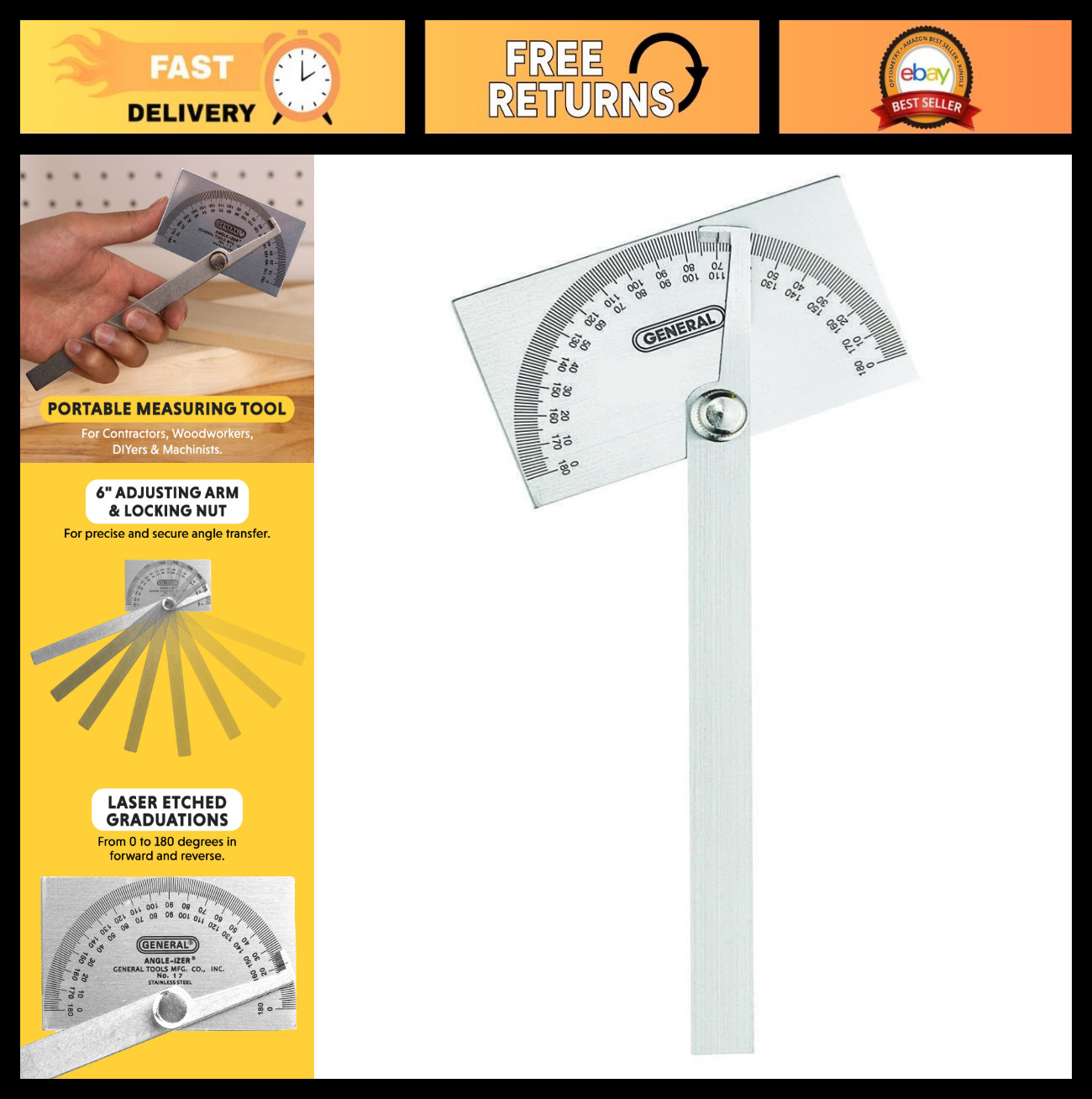 Stainless Steel Angle Protractor - Precision Measuring Tool for Carpentry & Wood