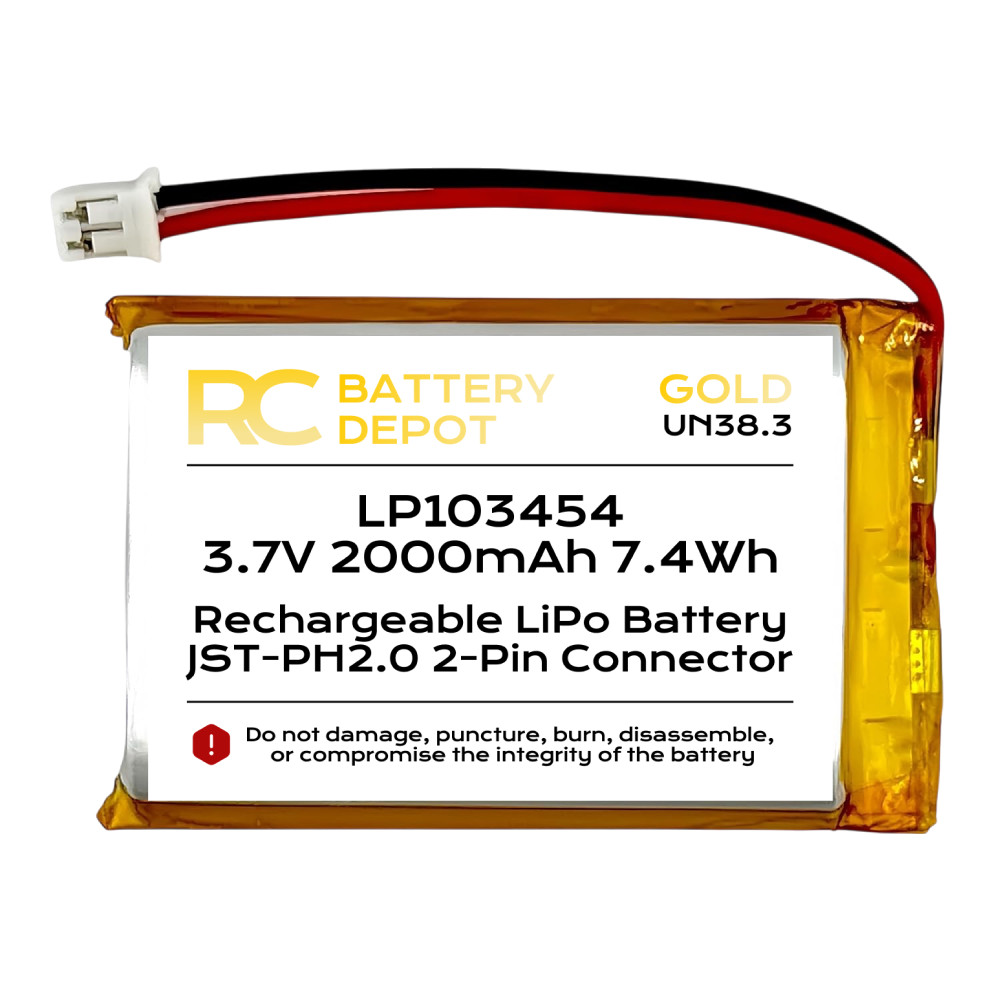 (2-Pack) Lithium Polymer 3.7V 2000mAh 103450 PH2 Lipo PH 2 Rechargeable Battery