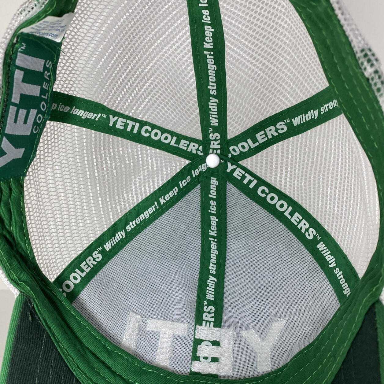 YETI Coolers Logo Trucker Hat Cap Green White Mesh SnapBack