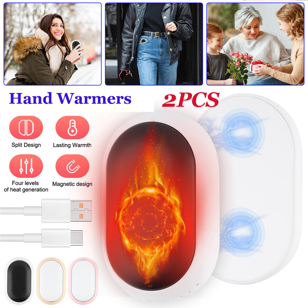 2PCS Winter Hand Warmers 10000mAh USB Rechargeable, Electronic Hand Warmer HOT