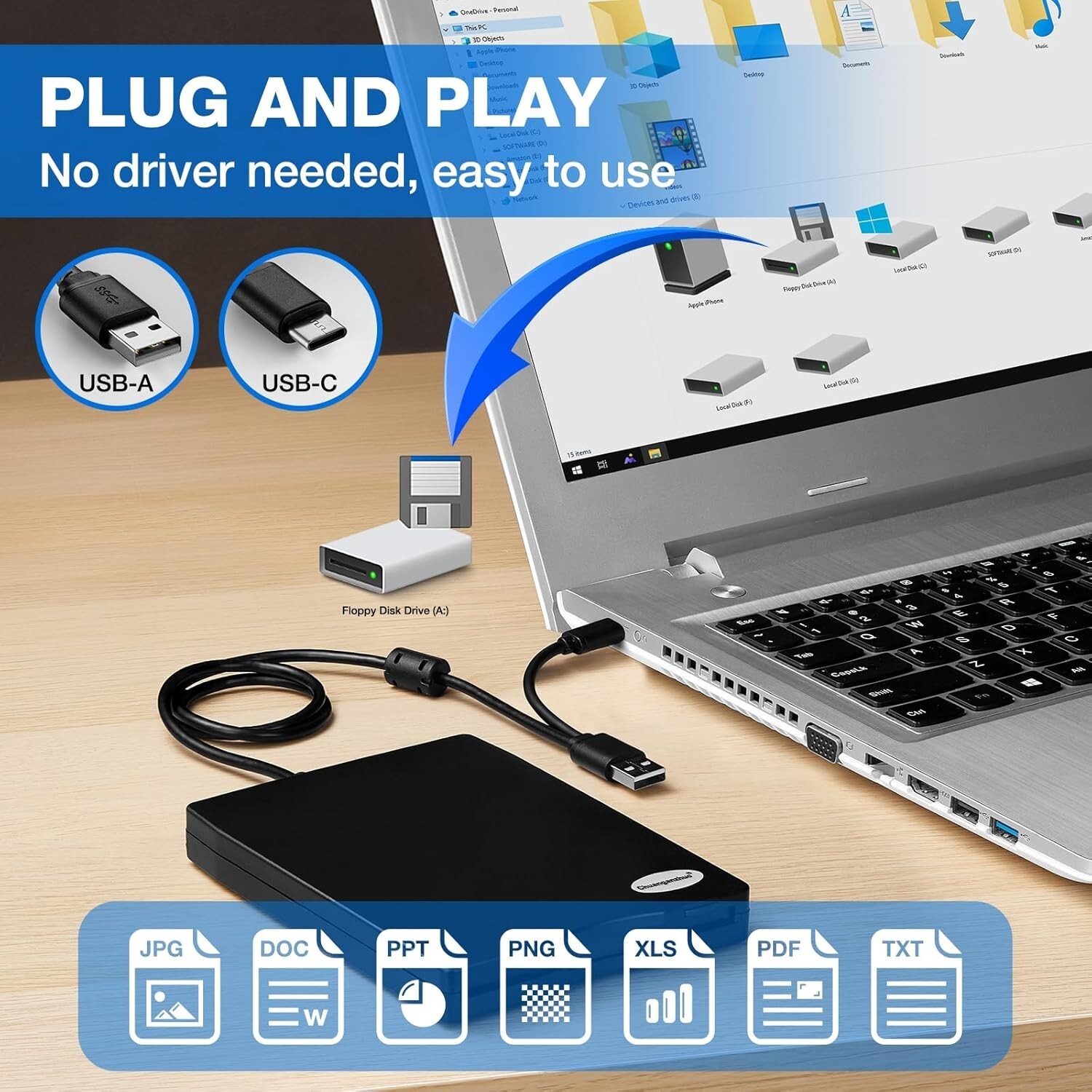 Floppy Disk Reader, 3.5 inch 1.44mb External USB Type A/C Floppy Disk Drive f...