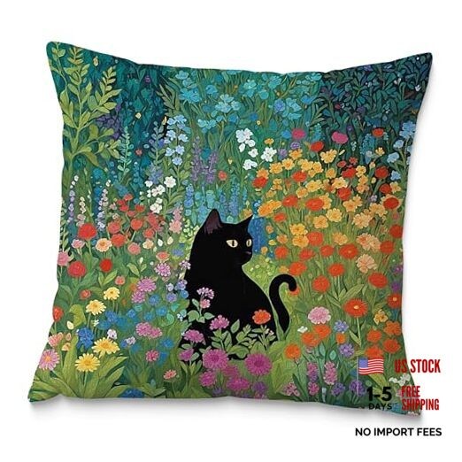 Floral Black Cat Pillow Covers 18x18, Cats Lovers Lady Gifts, Cat Mom Style04