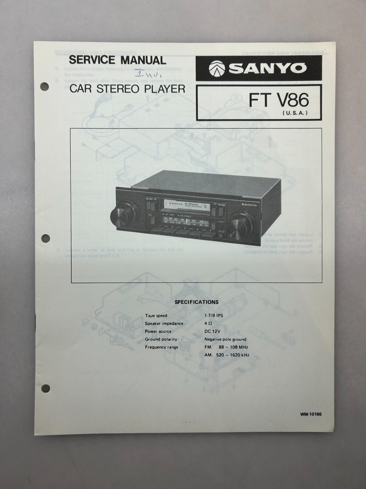 Sanyo FT V86 Original Service Manual Free Shipping