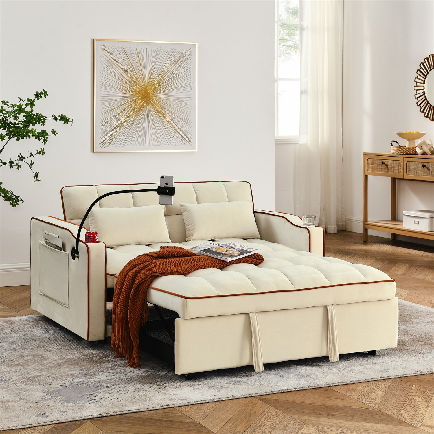 55.5in Convertible Sleeper Sofa Bed Loveseat Sofa 2 Seater Couch w/ Pull-Out Bed