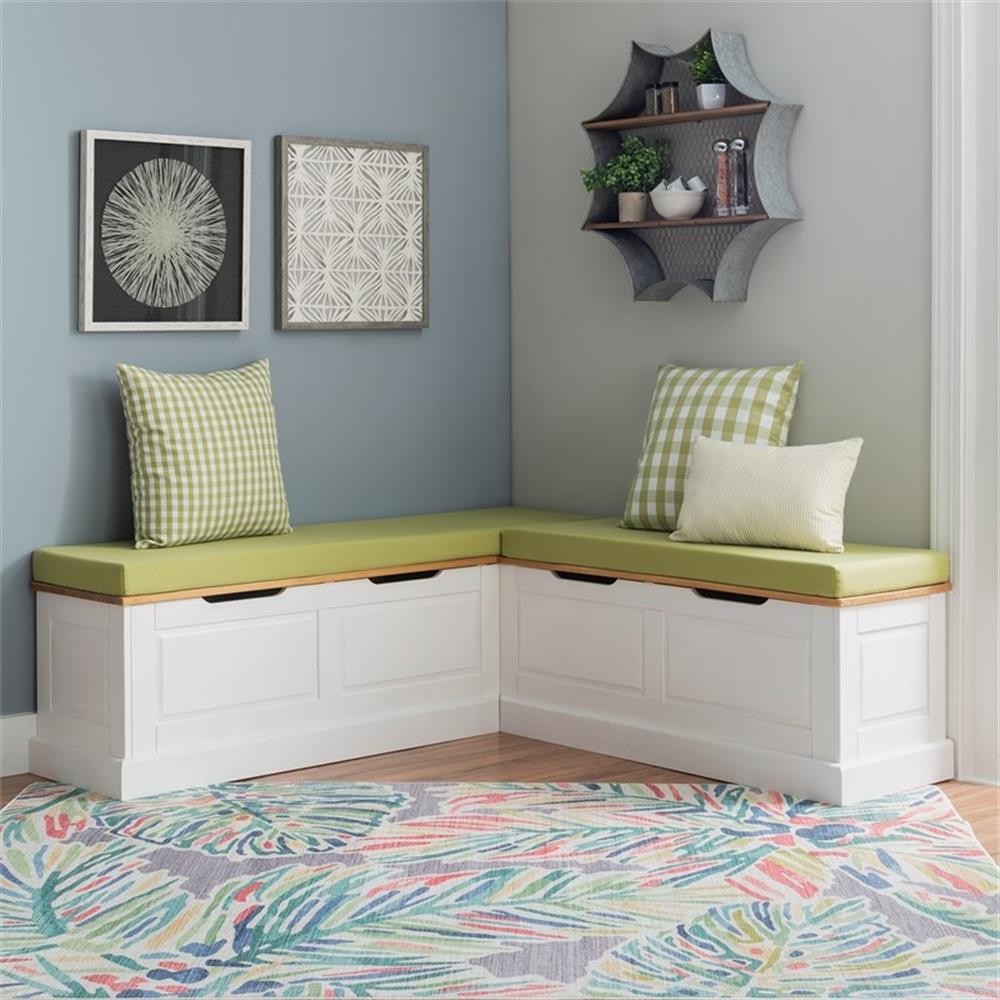 Linon Troyin Natural and White Wooden Storage Nook With Green Cushions/Pillows