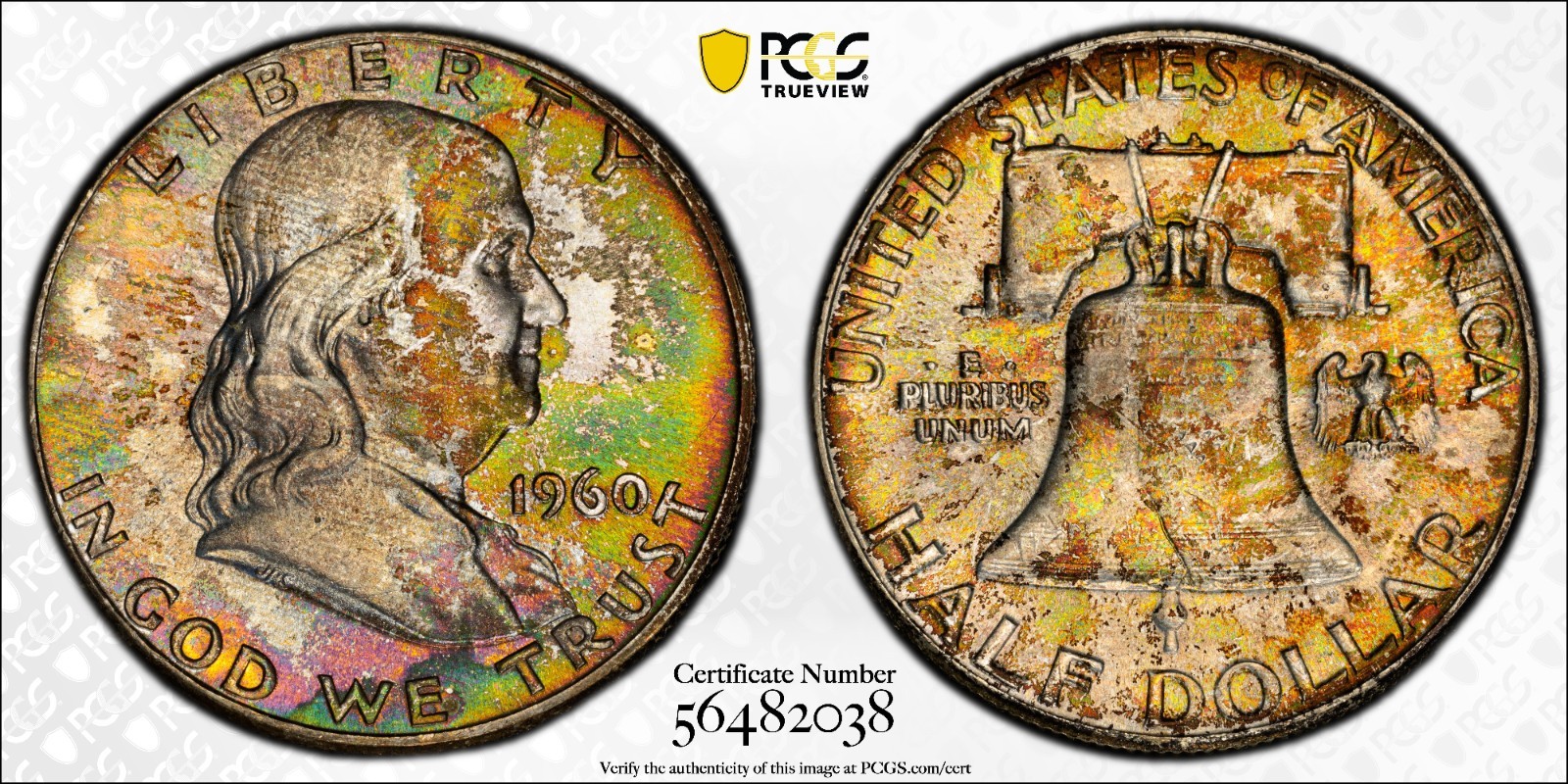 1960 Franklin Half Dollar PCGS MS66 Rainbow Tone Obverse