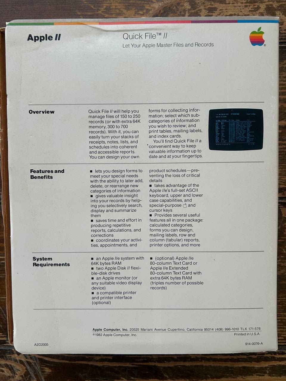 Apple II Quick File II Software with Disks. Manuals. Box. 1982 year