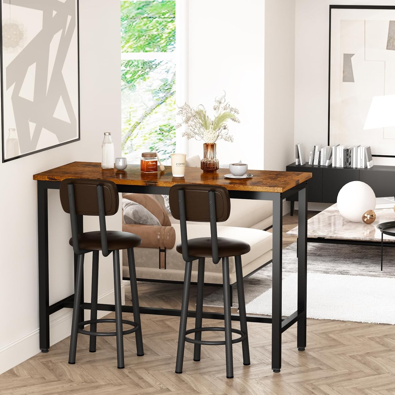 Industrial Pub Height Table with 2 PU Upholstered Stools,3-Piece Kitchen Table