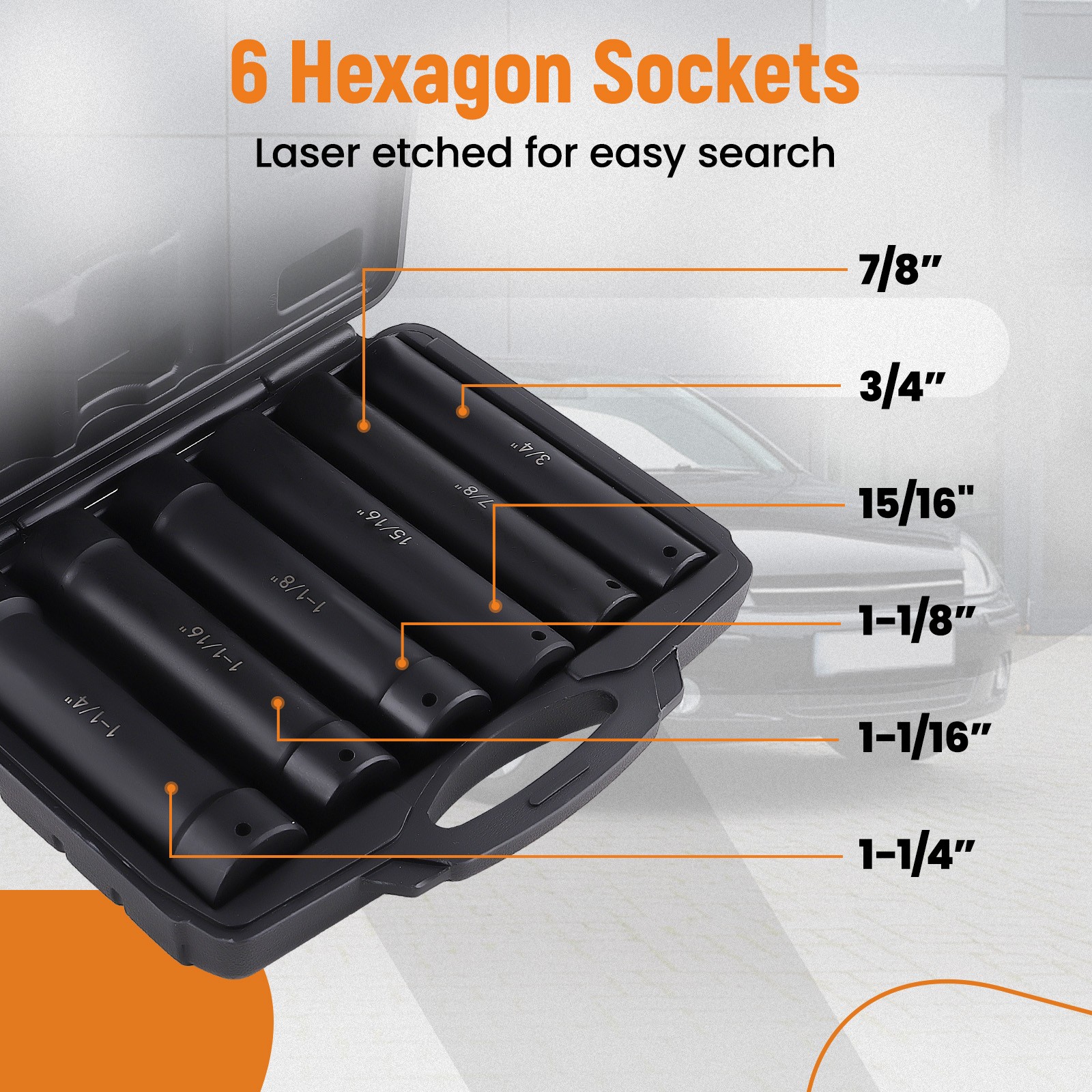 Deep Socket Set 6pc 1/2" Drive Heavy Duty Extended Hex Sizes 3/4" to 1-1/4" New