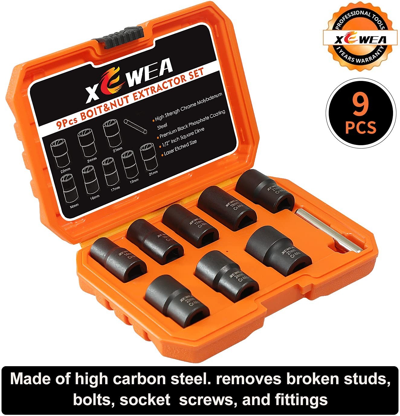 9PCS Lug Nut Extractor Set - 1/2" Drive Impact Socket Remover for Damaged Bolts