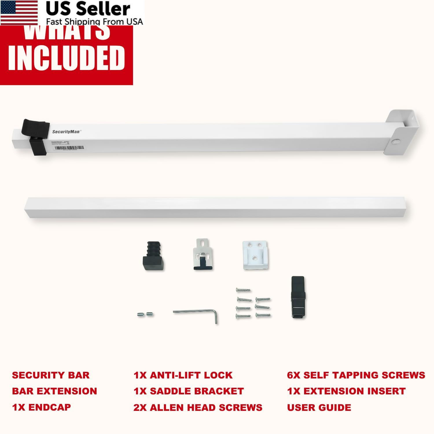 SECURITYMAN Sliding Door Security Bar-Child Proof One Size", White