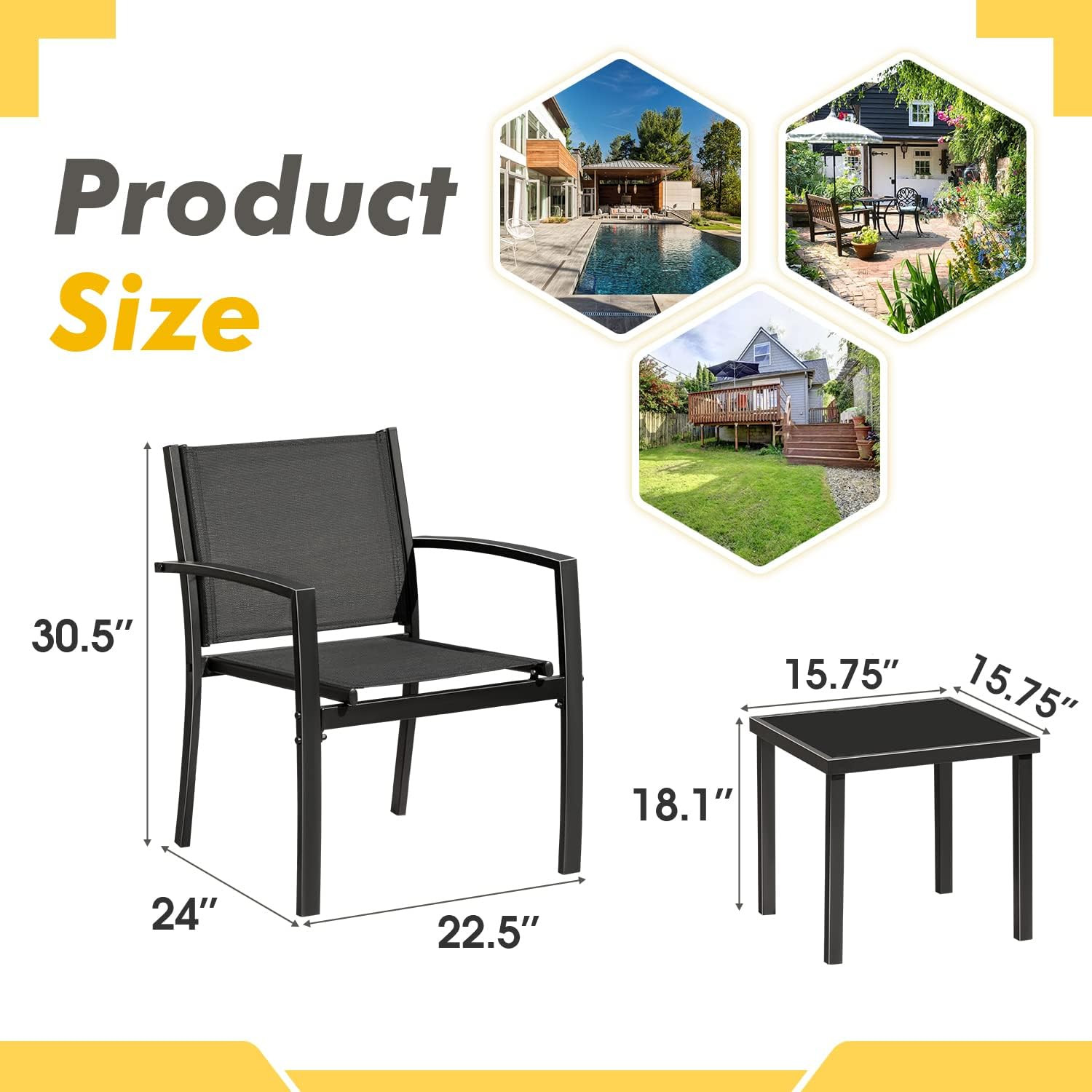3 Pieces Patio Furniture Outdoor Bistro Set Textilene Fabric Chairs for Lawn, Ga