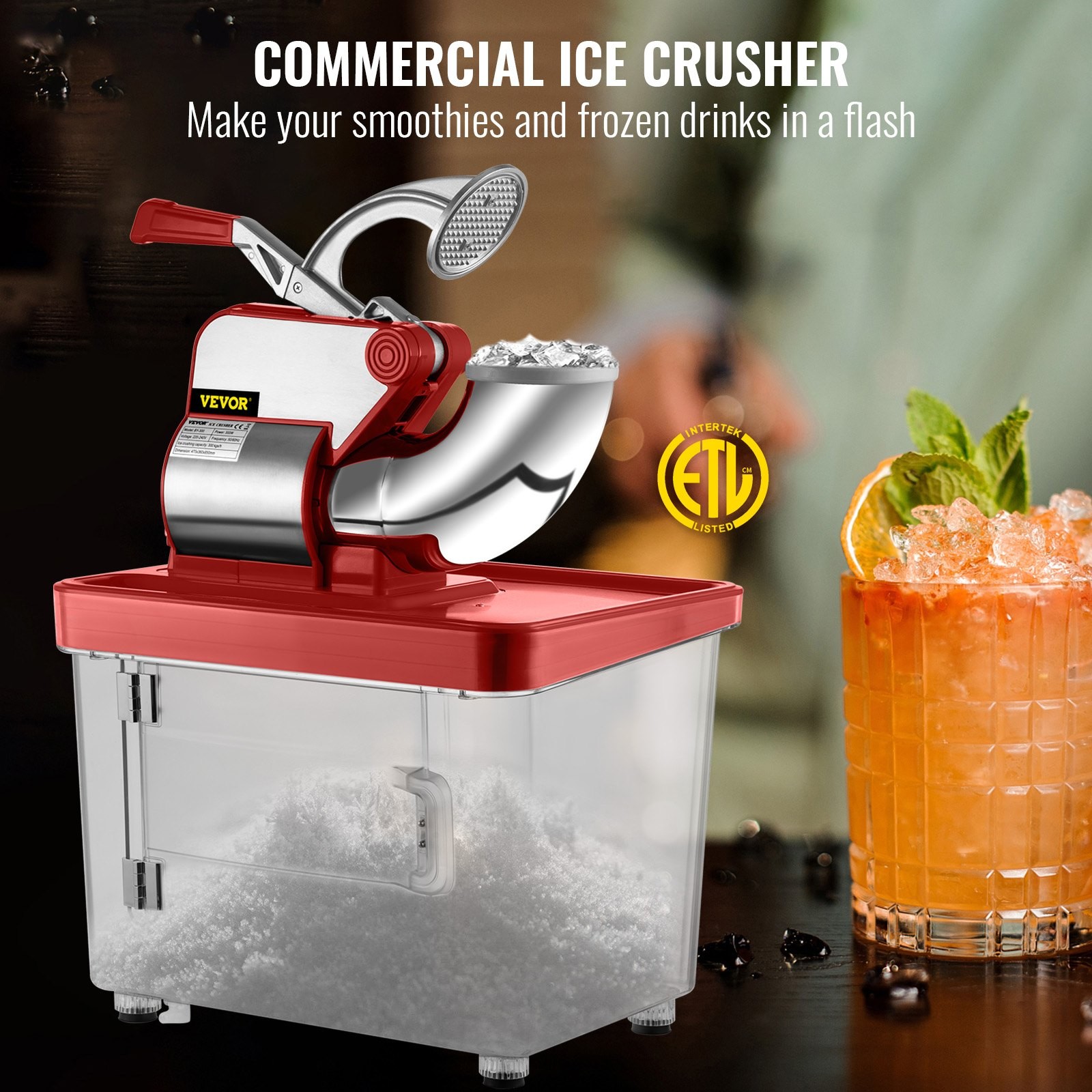 110V Commercial Ice Crusher 440LBS H, ETL Approved 300W Electric Snow