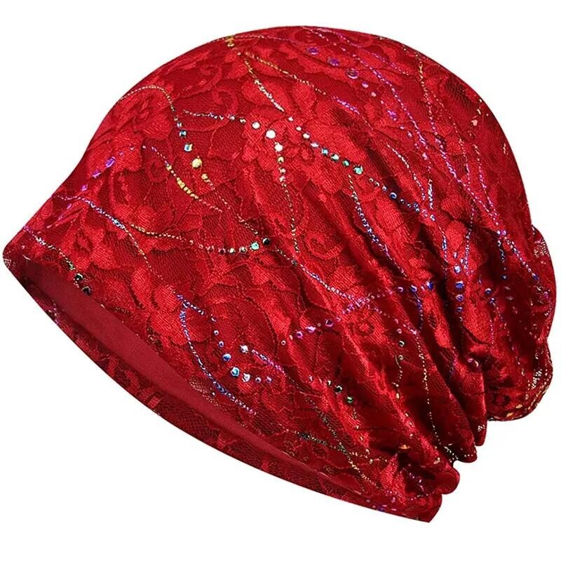 Fashion Rhinestone Embossed Lace Beanie Hat Lightweight Casual Women Cap Red New