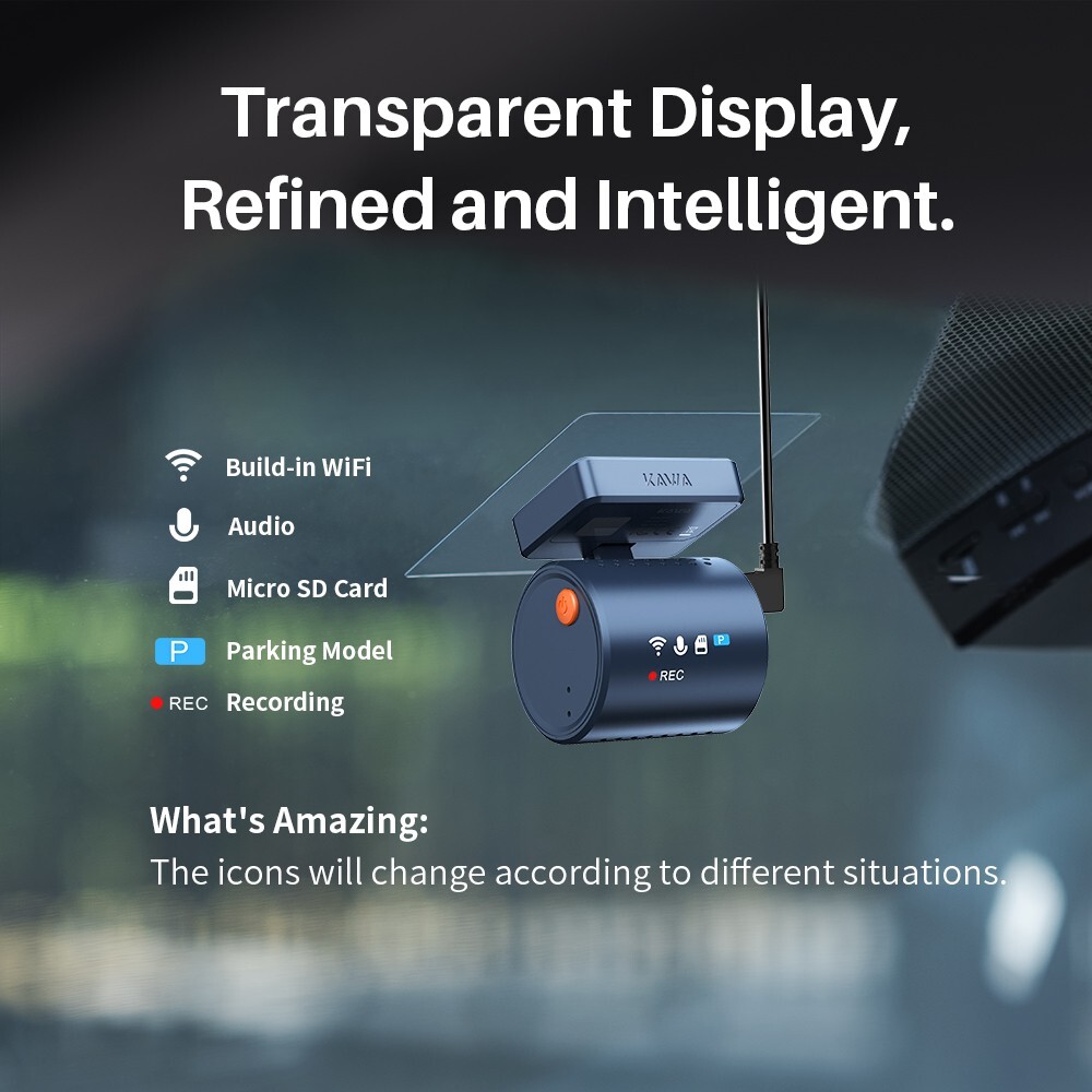 Tiny Dash Cam, 2K Transparent Screen Voice Control, Night Vision 24H Park Mode