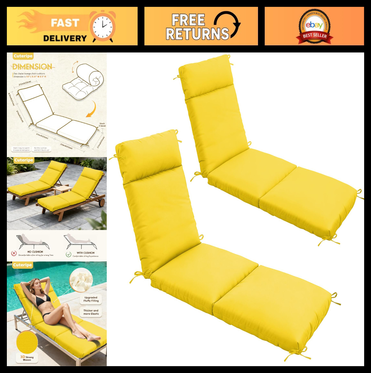 2 Pack Outdoor Chaise Lounge Chair Cushions 72x21x3 Inch Waterproof Seat Pads, Y