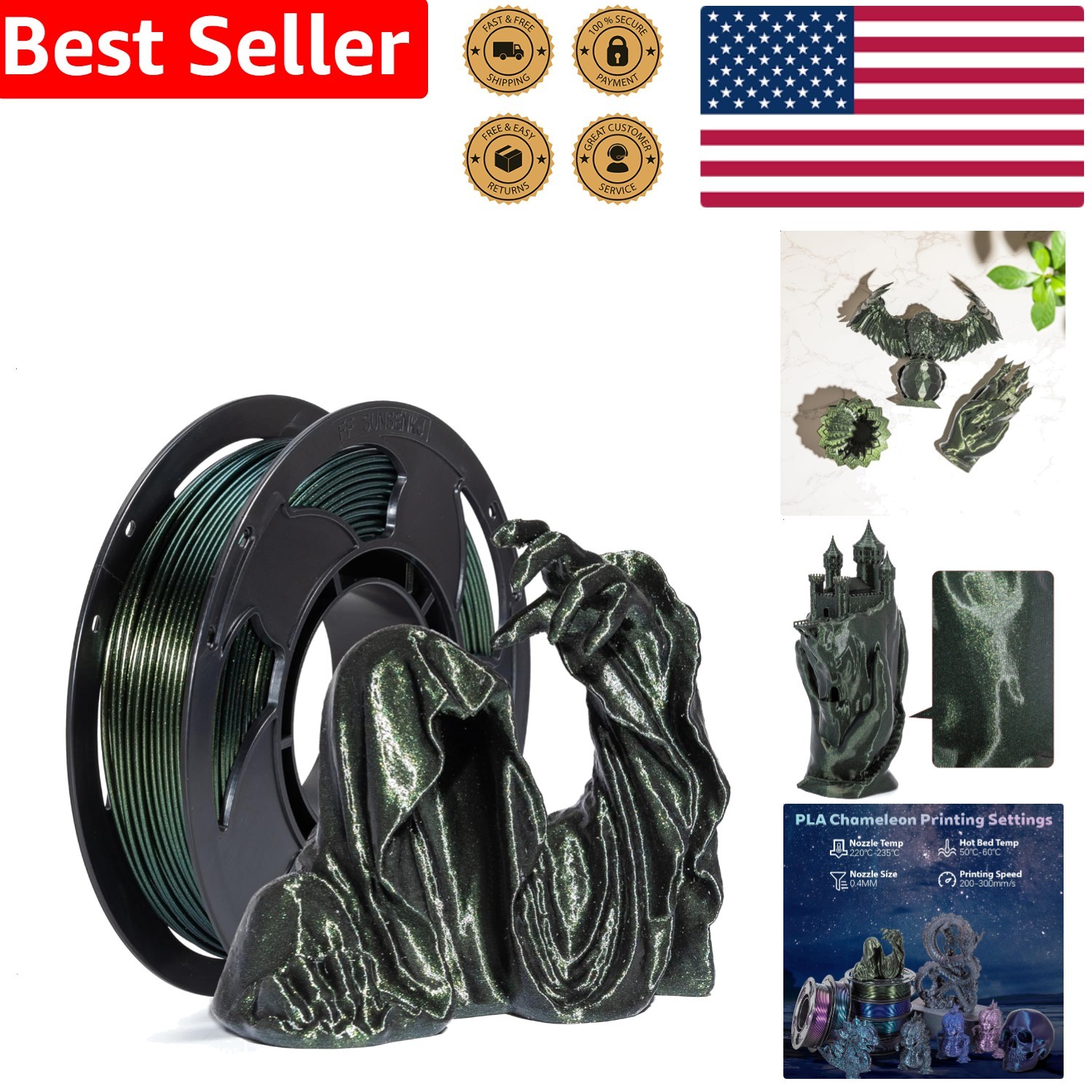 1.75mm Chameleon Opal Gold PLA Filament with Glitter Sparkle Color Change