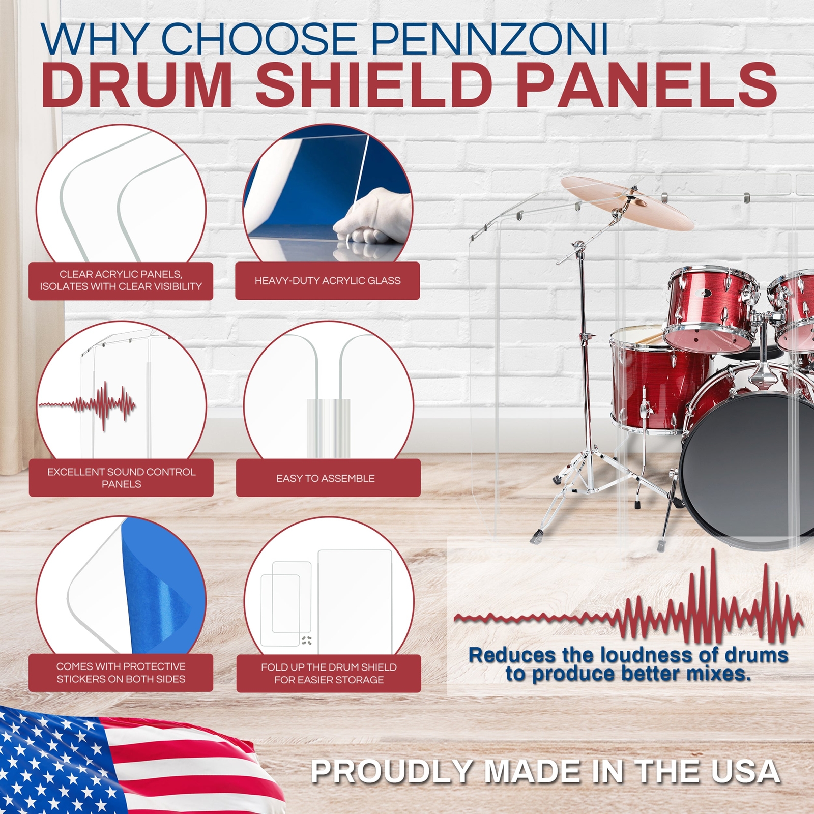 PENNZONI Drum Shield 4ft Acrylic Panels w/ Deflectors & Living Hinges