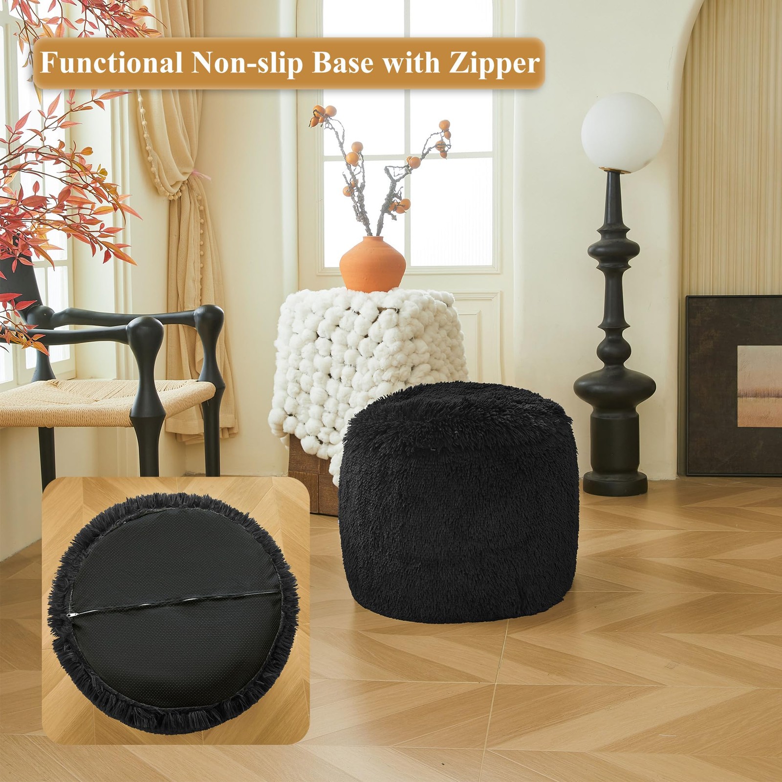 Fluffy Faux Fur Inflatable Pouf Ottoman, Comfy Portable Shaggy Fuzzy Foot Sto...