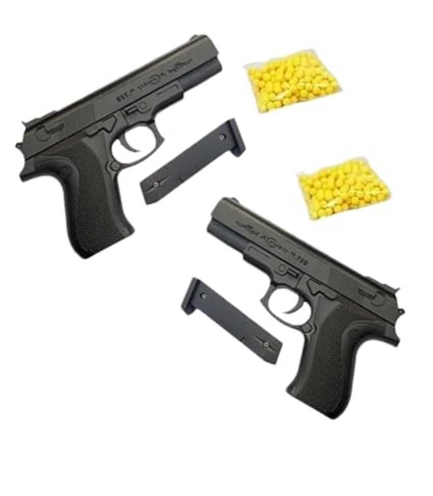 Toy Pistol Set Pack of 2 Black Guns with Magazines & Yellow BBs Kids Play Set