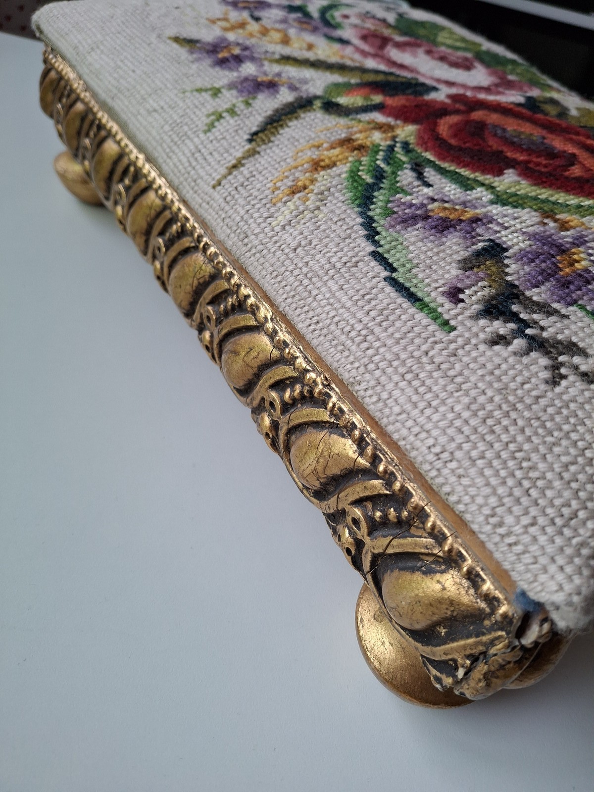 Petit point foot rest gilt foot stool vintage sweden