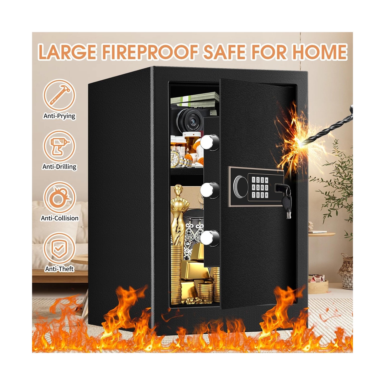 3.4 Cuft Large Fireproof Safe for Home, Safety Box with Programmable Keypad a...