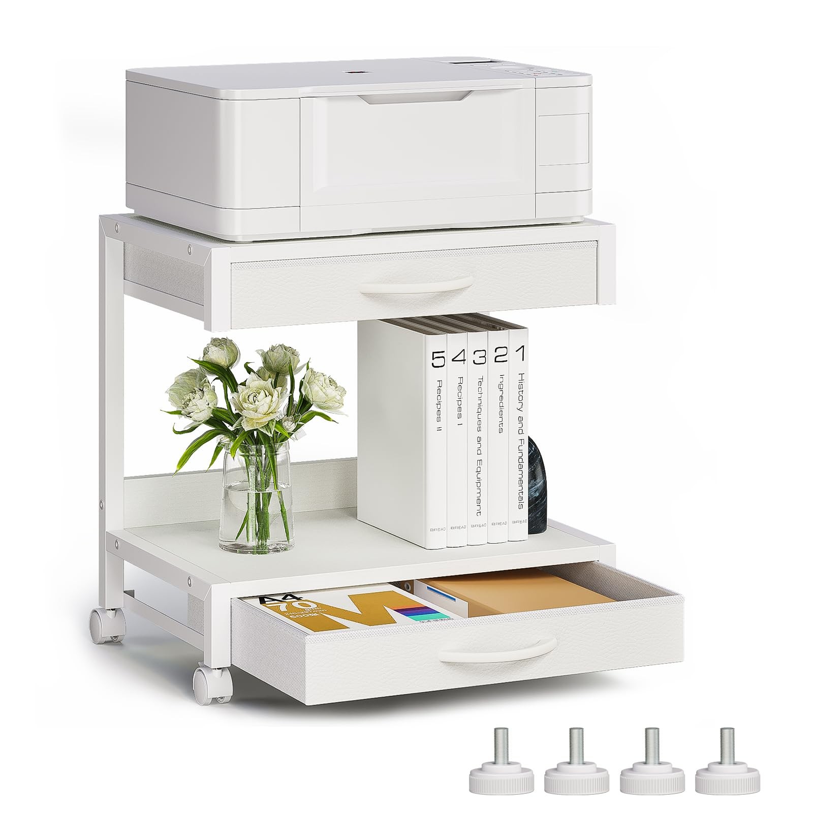 2-Tier Desktop Printer Stand with 2 Fabric Drawers, Prtiner Table with Storag...