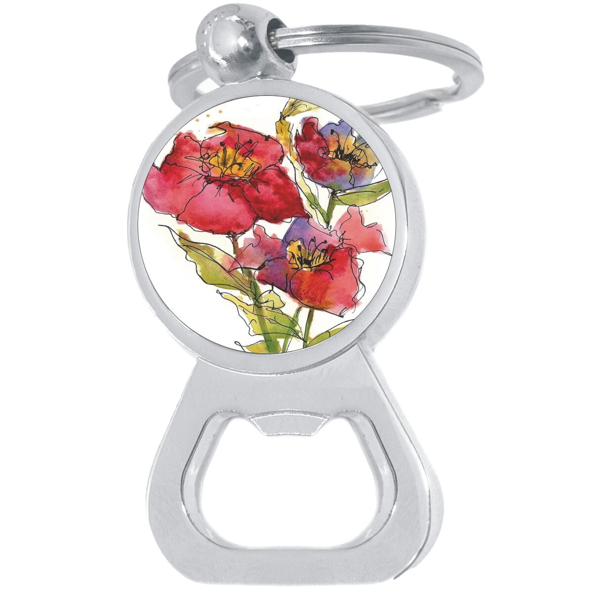 Watercolor Flowers Bottle Opener Keychain - Metal Beer Bar Tool Key Ring
