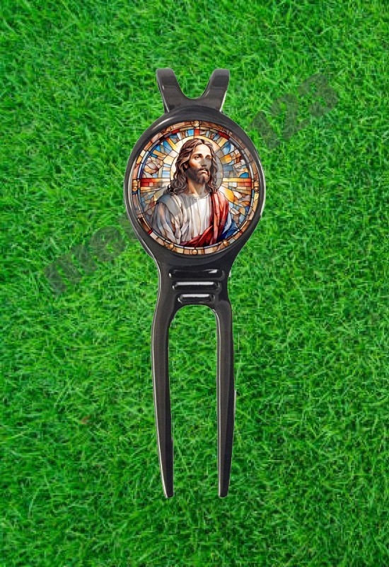 Jesus Christ Stained Glass Christian Golf Ball Marker +Black Gunmetal Divot Tool