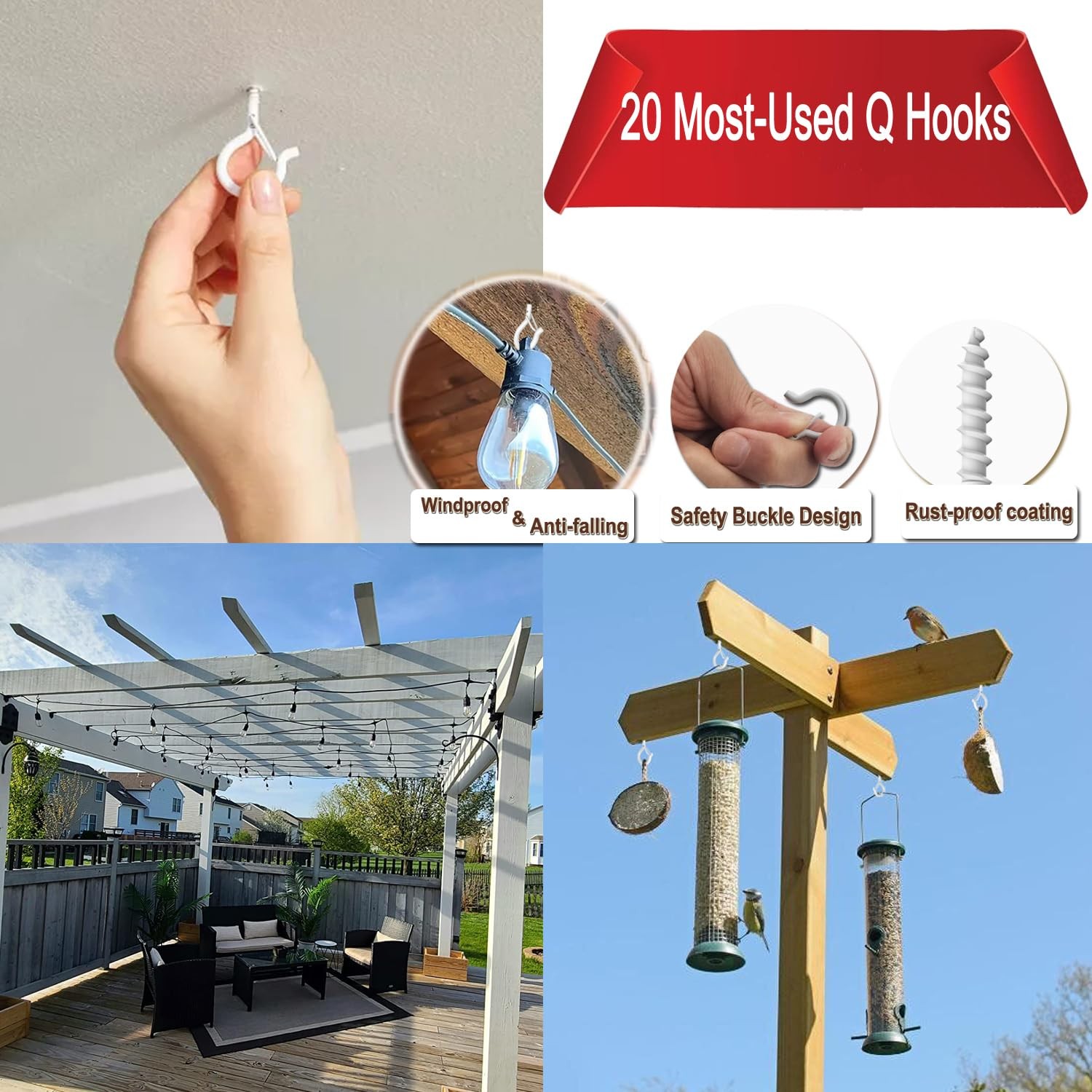 20 Pack Q Hanger Hooks with Safety Buckle, Rustproof Screw Hooks for Hanging ...