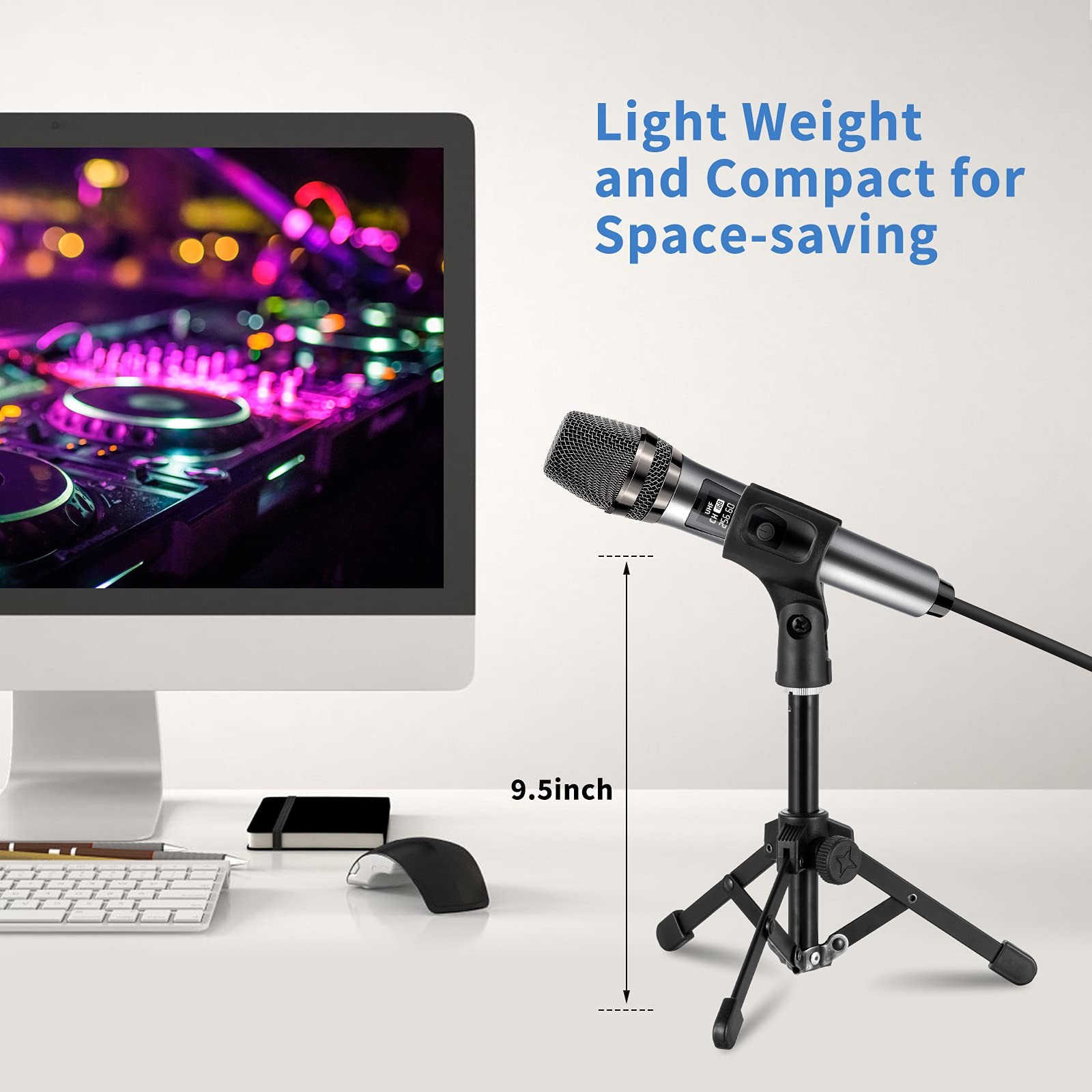 Microphone Stand Desk, Portable Foldable Tripod with Mic Clip Holder Adjustab...