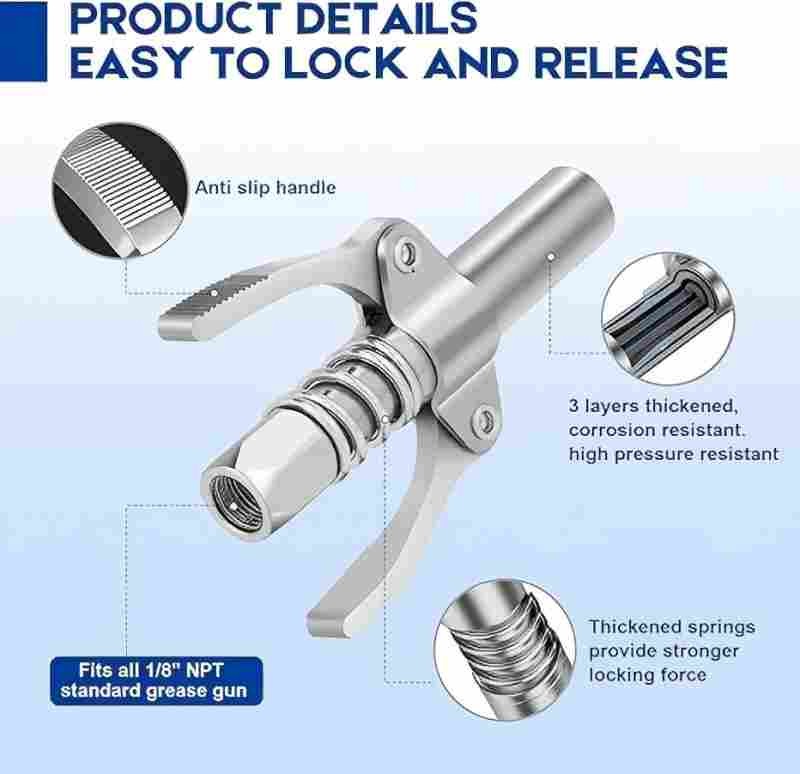 Grease Gun Coupler Double Handle, High Pressure, Quick Release Lock Oil Nozzles