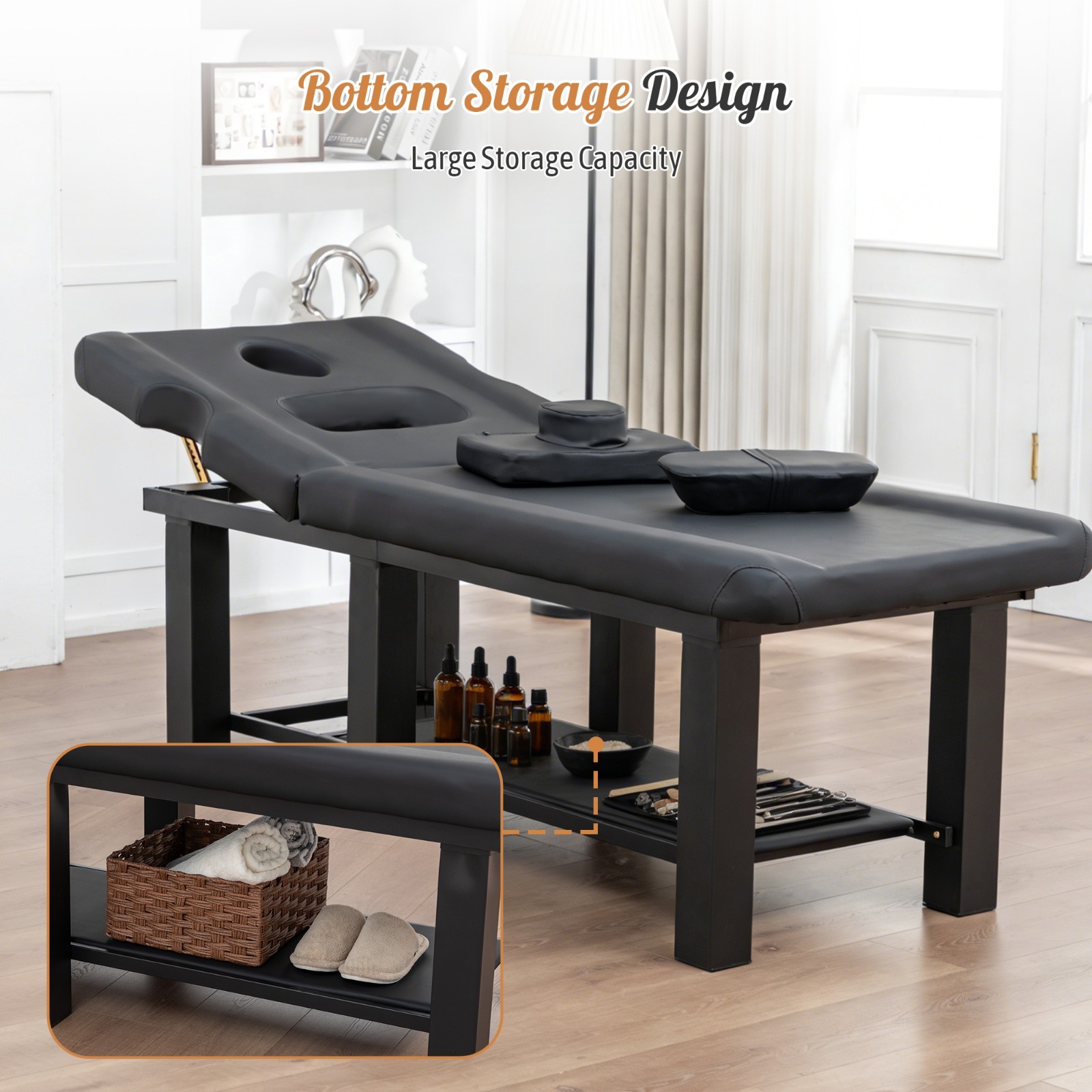 Spa Salon Massage Table w/Bottom Storage&Adjustable Backrest&Detachable Headrest