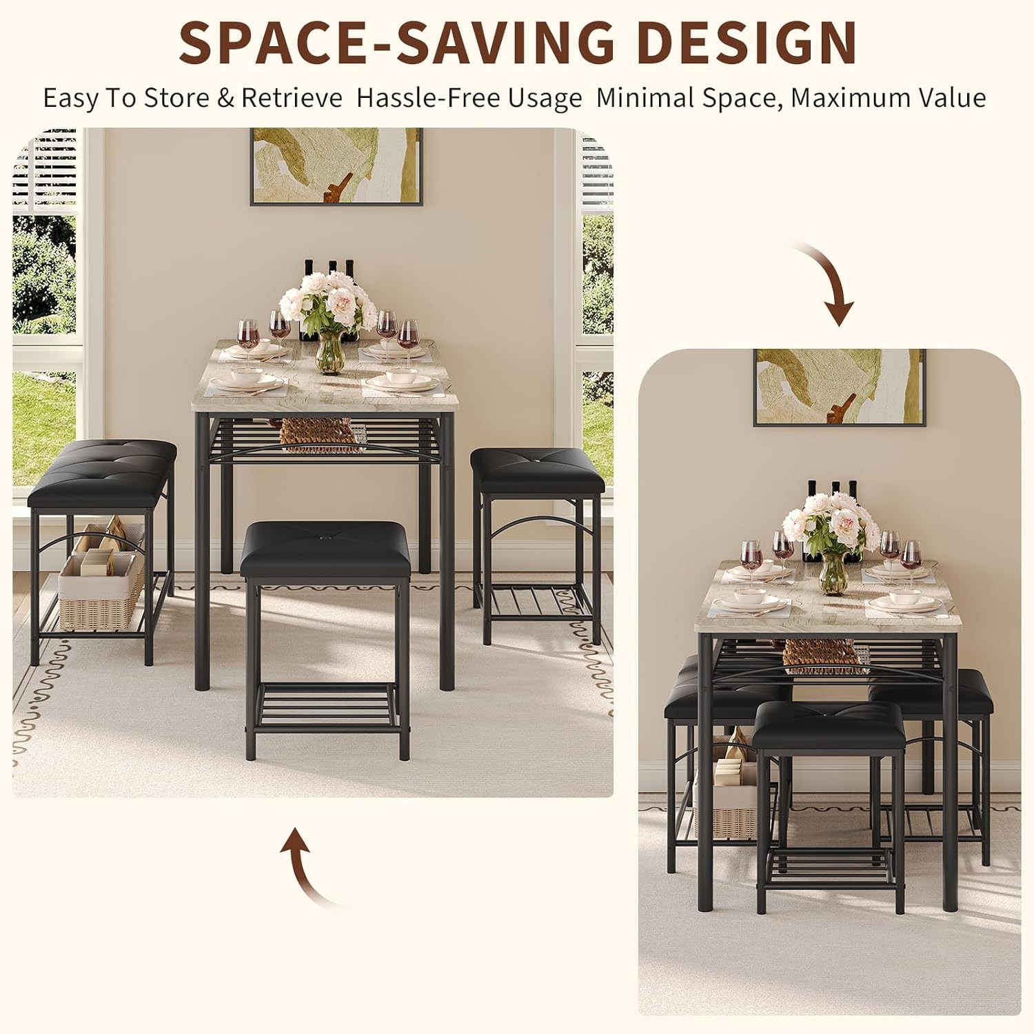 Dining Table Set 4 W/ Upholstered Benches & 2 Stools Modern Space Saving Kitchen