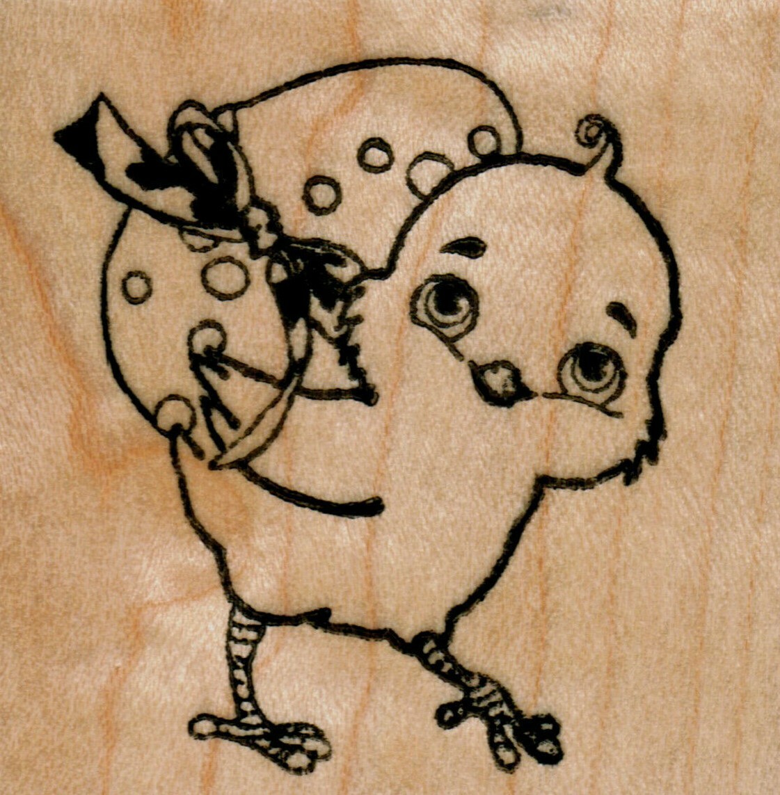 mounted rubber stamps   Chick with decorated egg   wood mount 2" X 2"