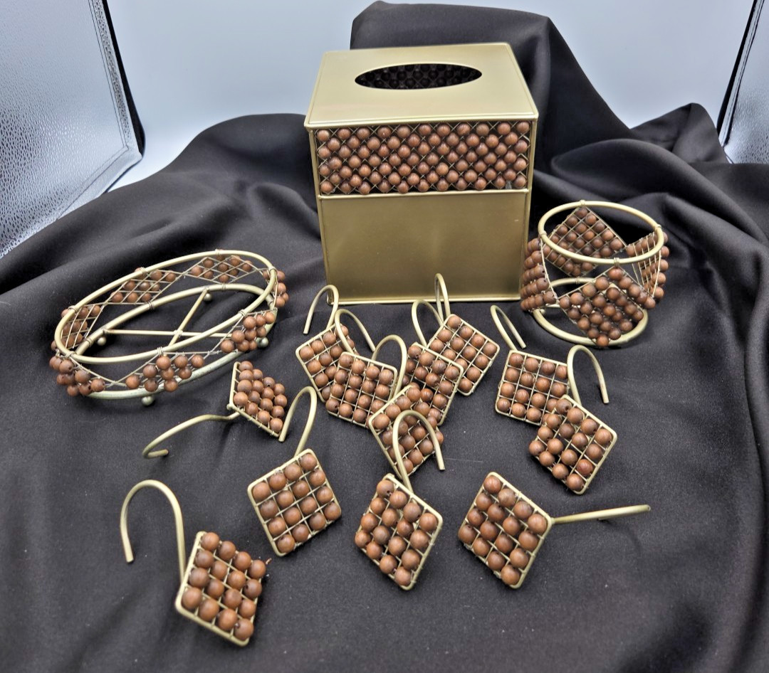 Wood Beaded Gold Toned 15 Pc Bathroom Accessory Set