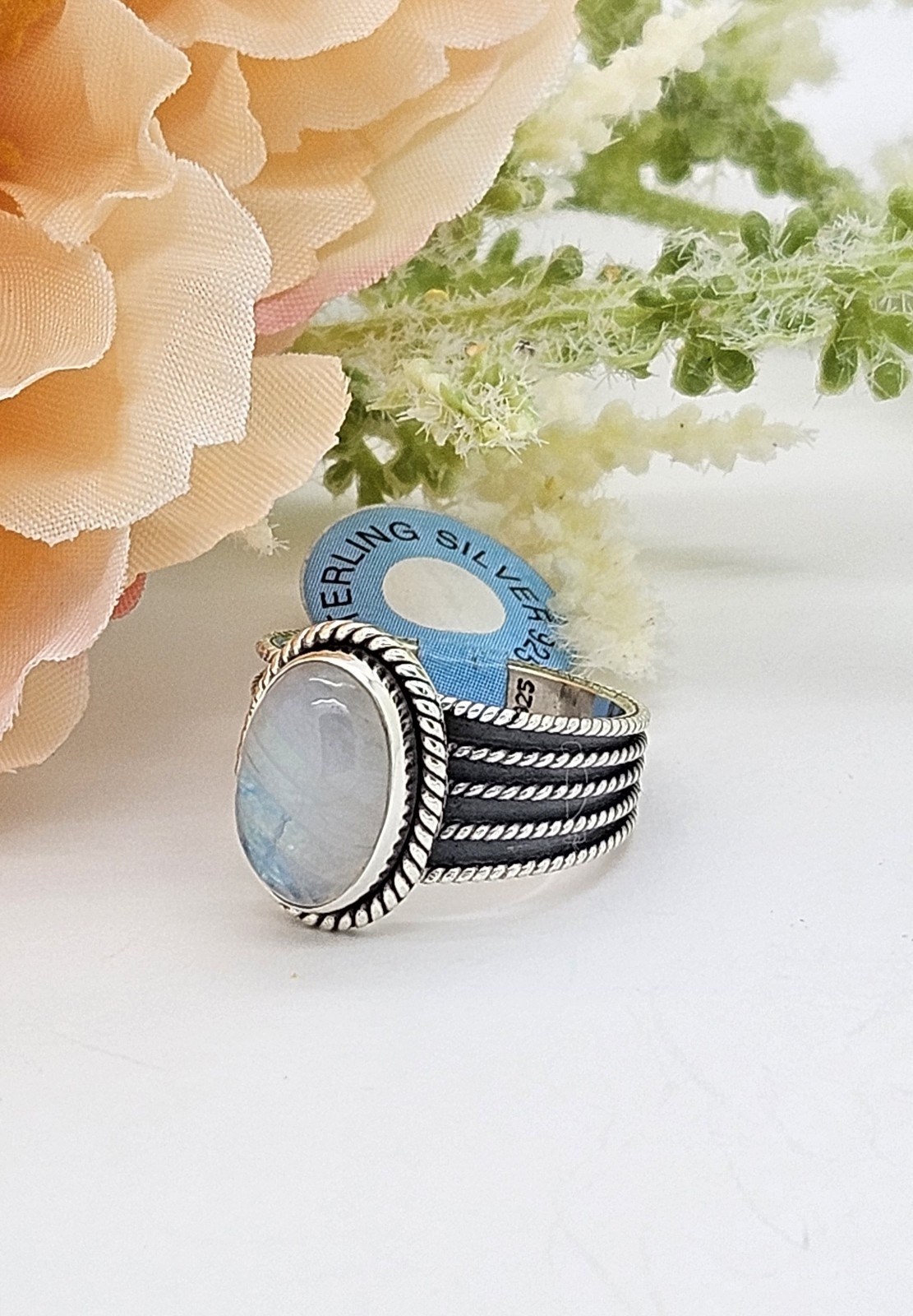 Moonstone Oval Ring Sterling Silver Sz 6 1/2