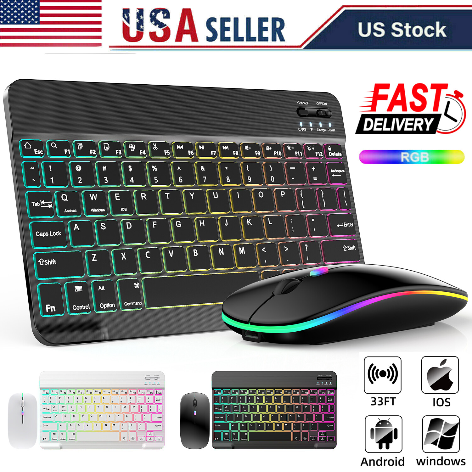 RGB Backlit Wireless Keyboard & Mouse Combo - Bluetooth Set for iPad, PC& Laptop