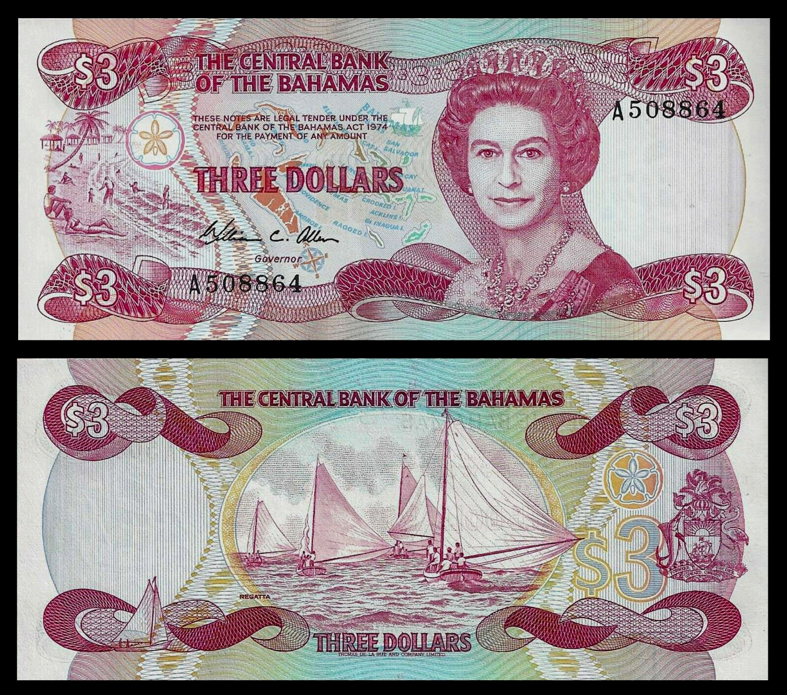 Bahamas, Queen Elizabeth II L. 1974 (1984)  3 Dollars UNC P-44