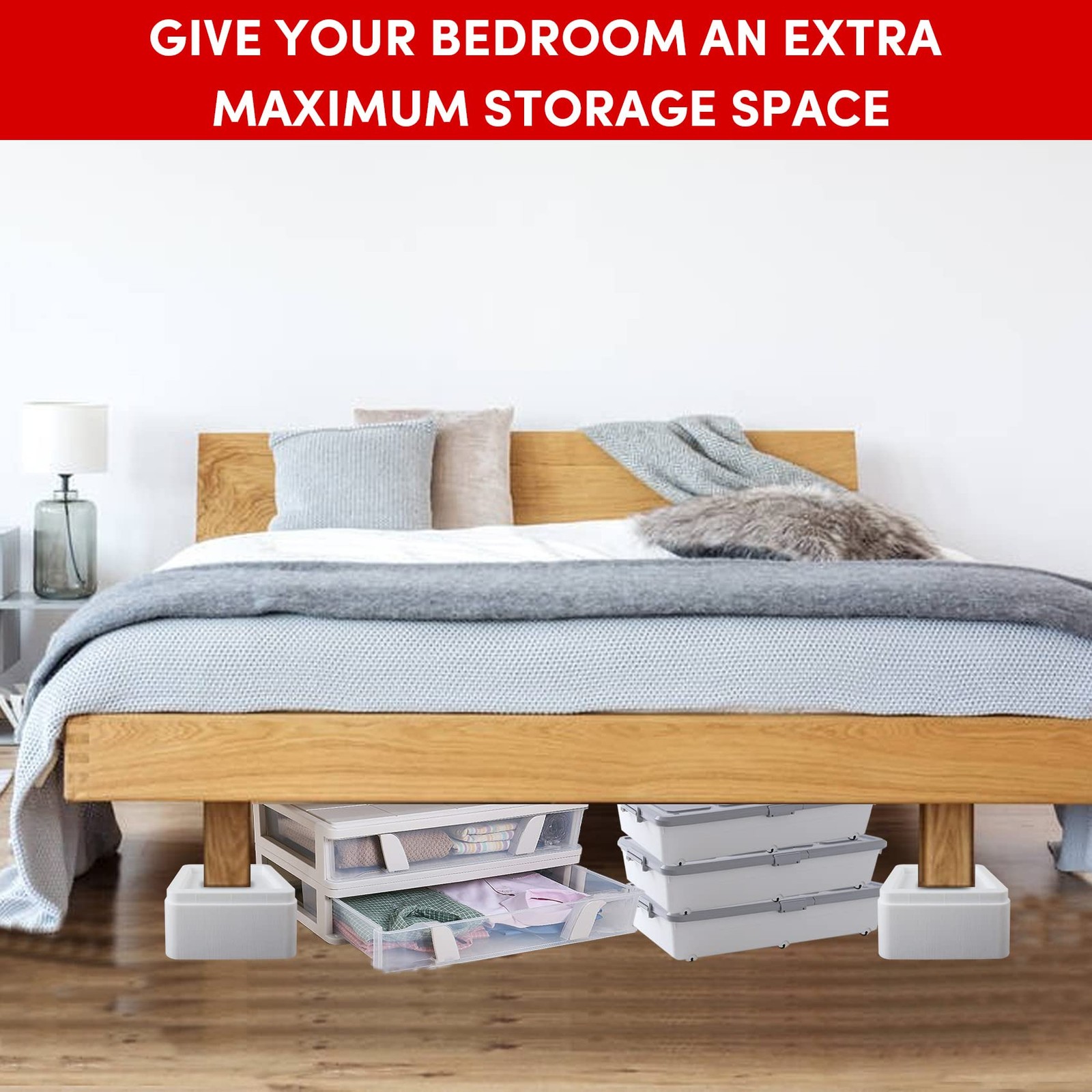 Oversized Bed Risers 4 Pack White Stackable 3 or 6 inch Heavy Duty Lifts